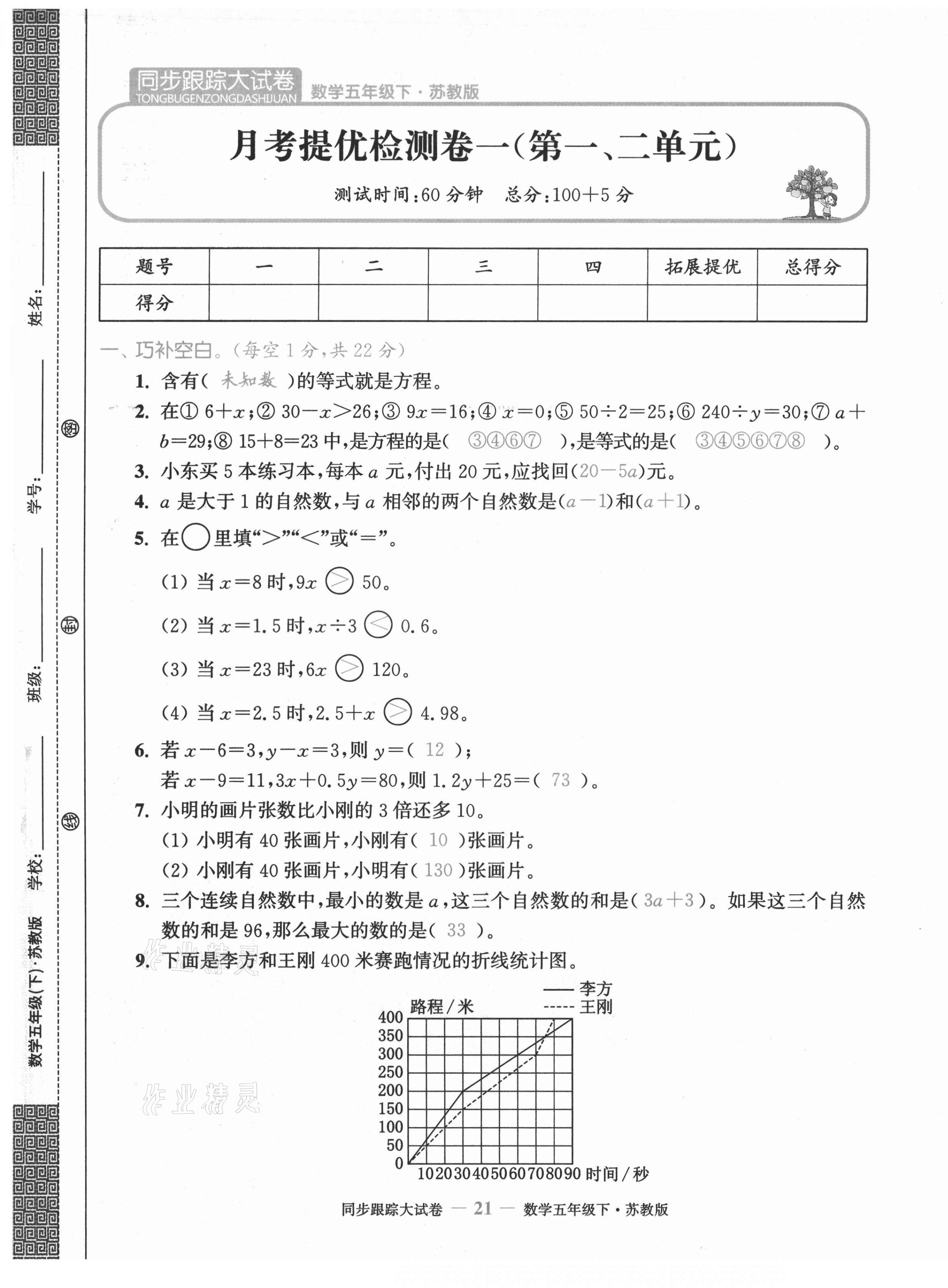 2021年復習金卷同步跟蹤大試卷五年級數學下冊蘇教版 第21頁