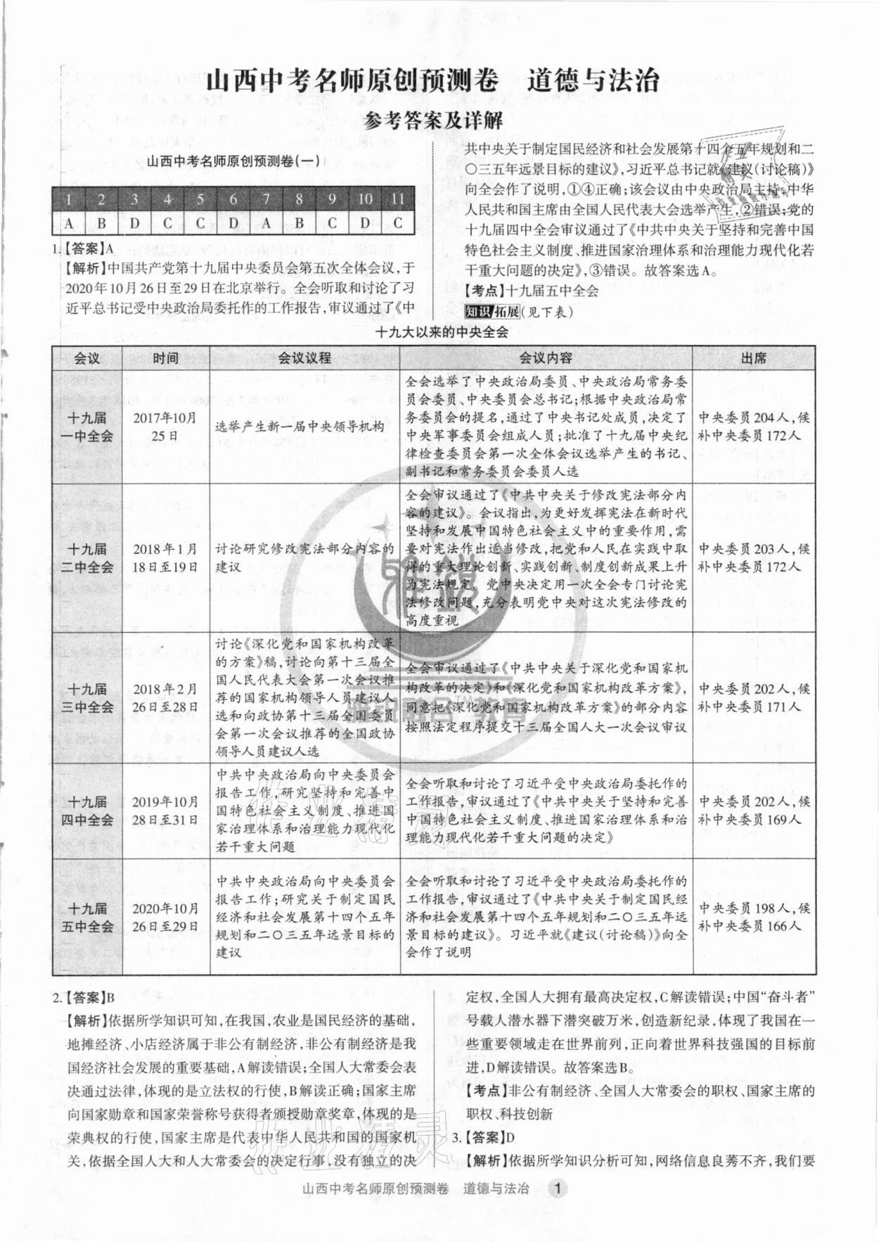 2021年山西中考名師原創(chuàng)預(yù)測卷道德與法治 參考答案第1頁