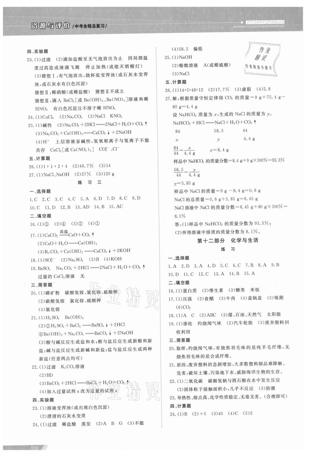 2021年資源與評價中考全程總復習化學B版 參考答案第11頁