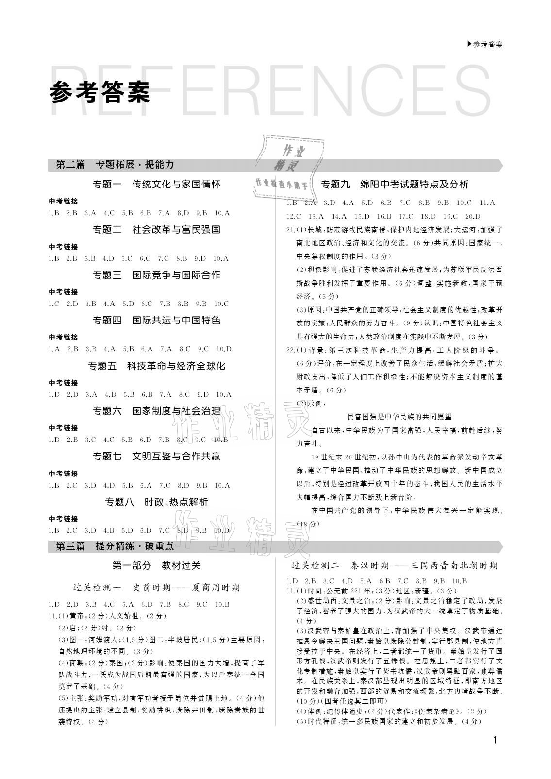 2021年超越中考歷史綿陽專版 參考答案第1頁