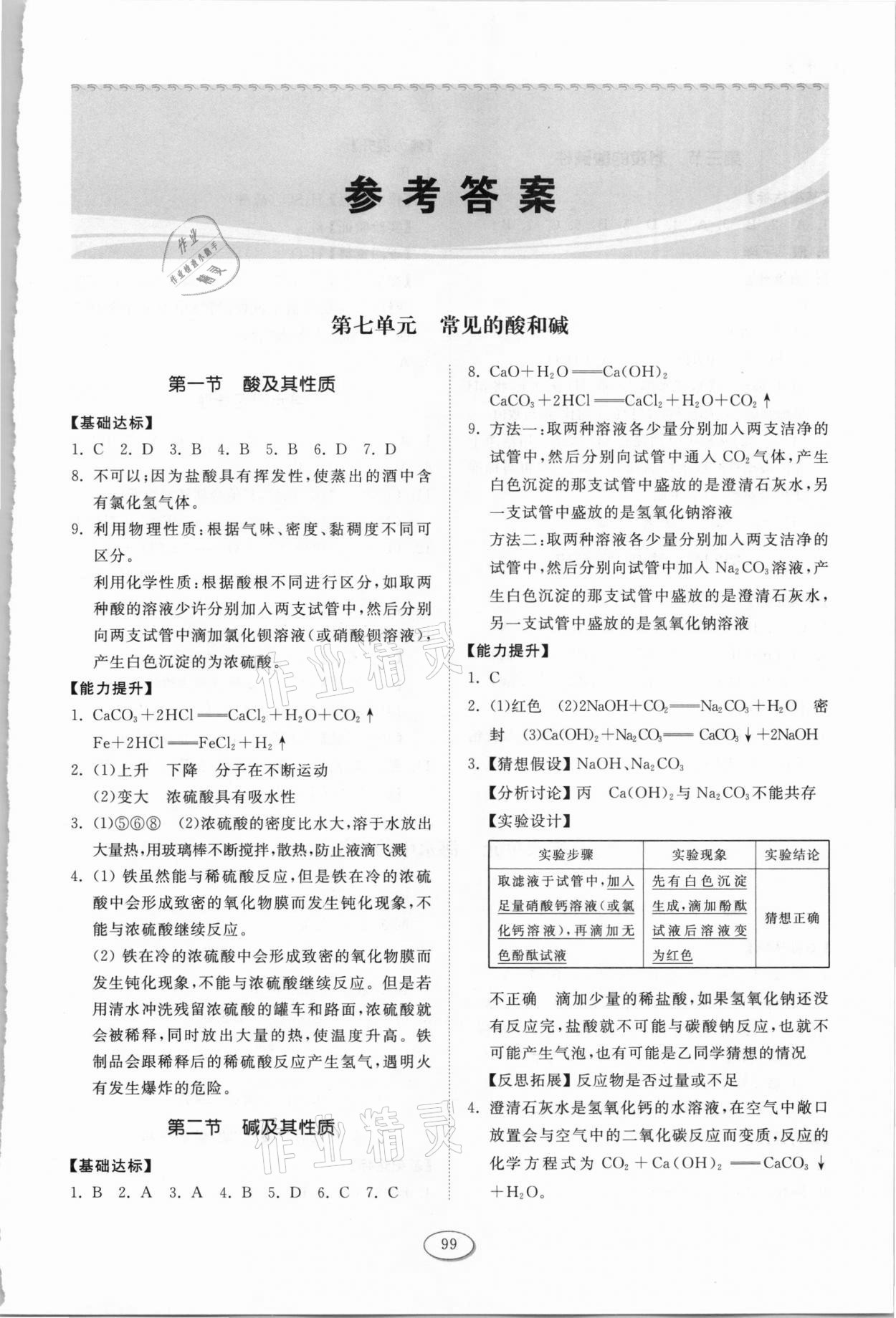 2021年初中同步練習冊九年級化學下冊魯教版山東科學技術出版社 參考答案第1頁