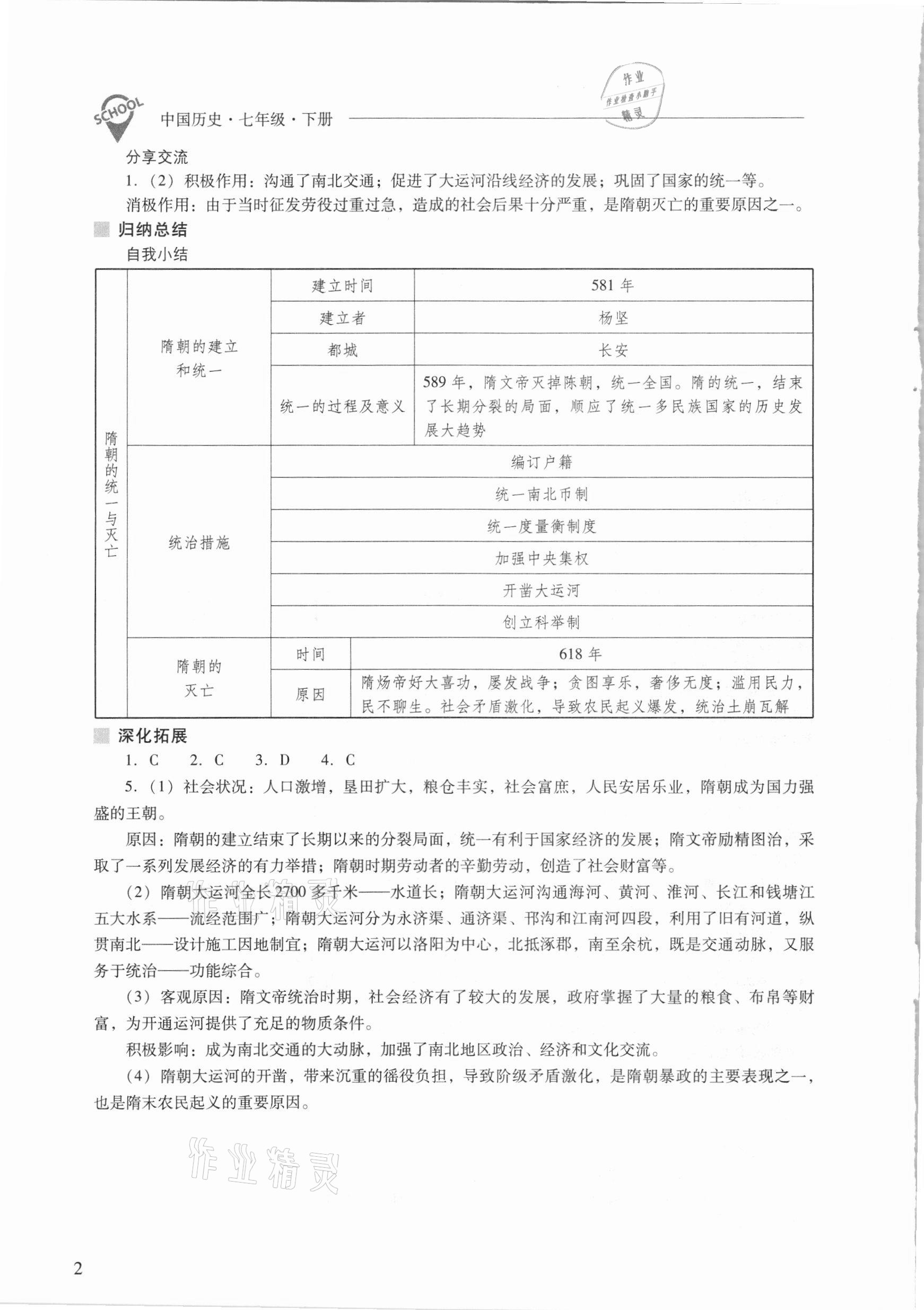 2021年新課程問題解決導學方案七年級中國歷史下冊人教版 參考答案第2頁