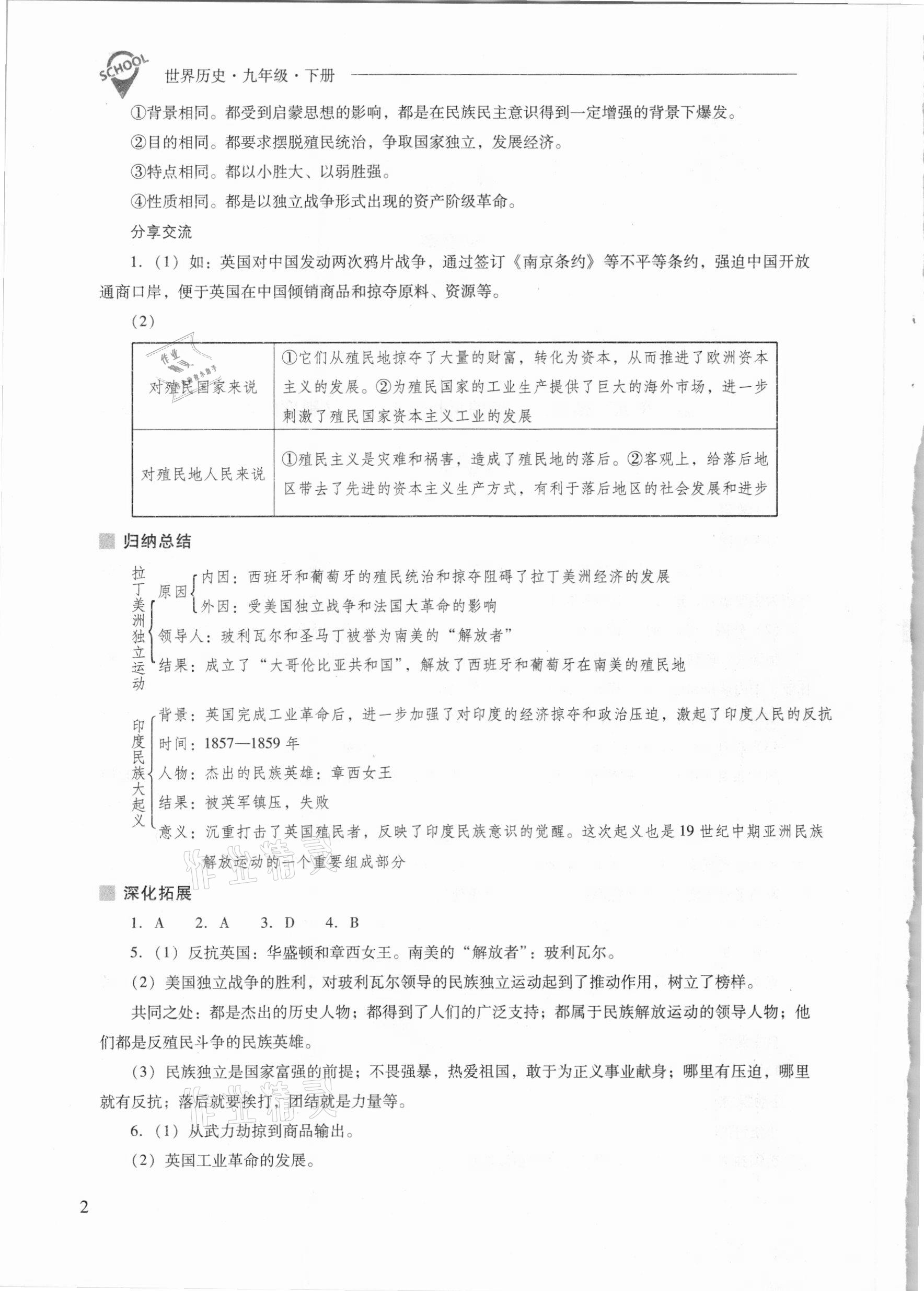 2021年新課程問題解決導(dǎo)學(xué)方案九年級世界歷史下冊人教版 參考答案第2頁