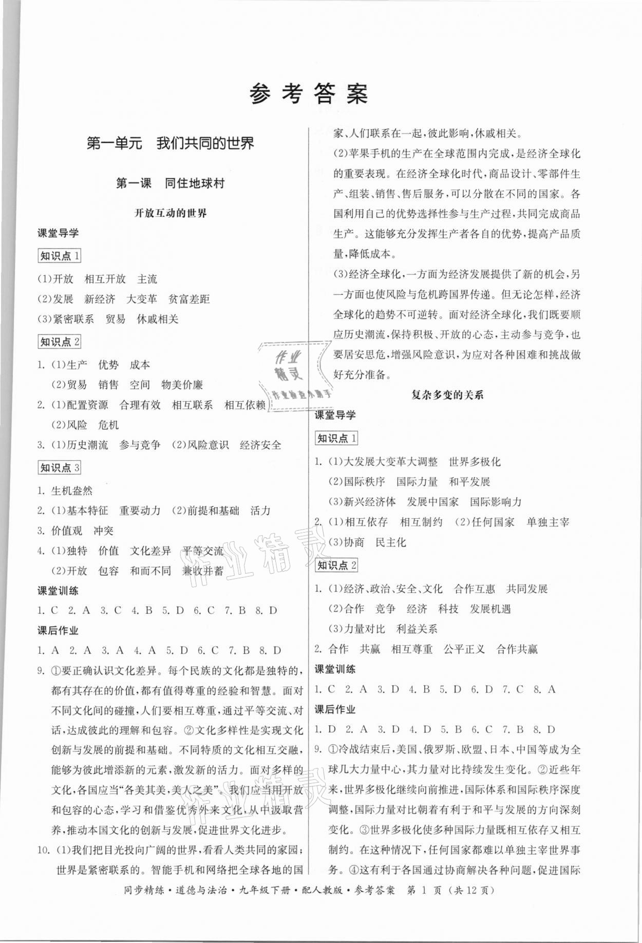 2021年同步精練九年級(jí)道德與法治下冊(cè)人教版廣東人民出版社 第1頁(yè)