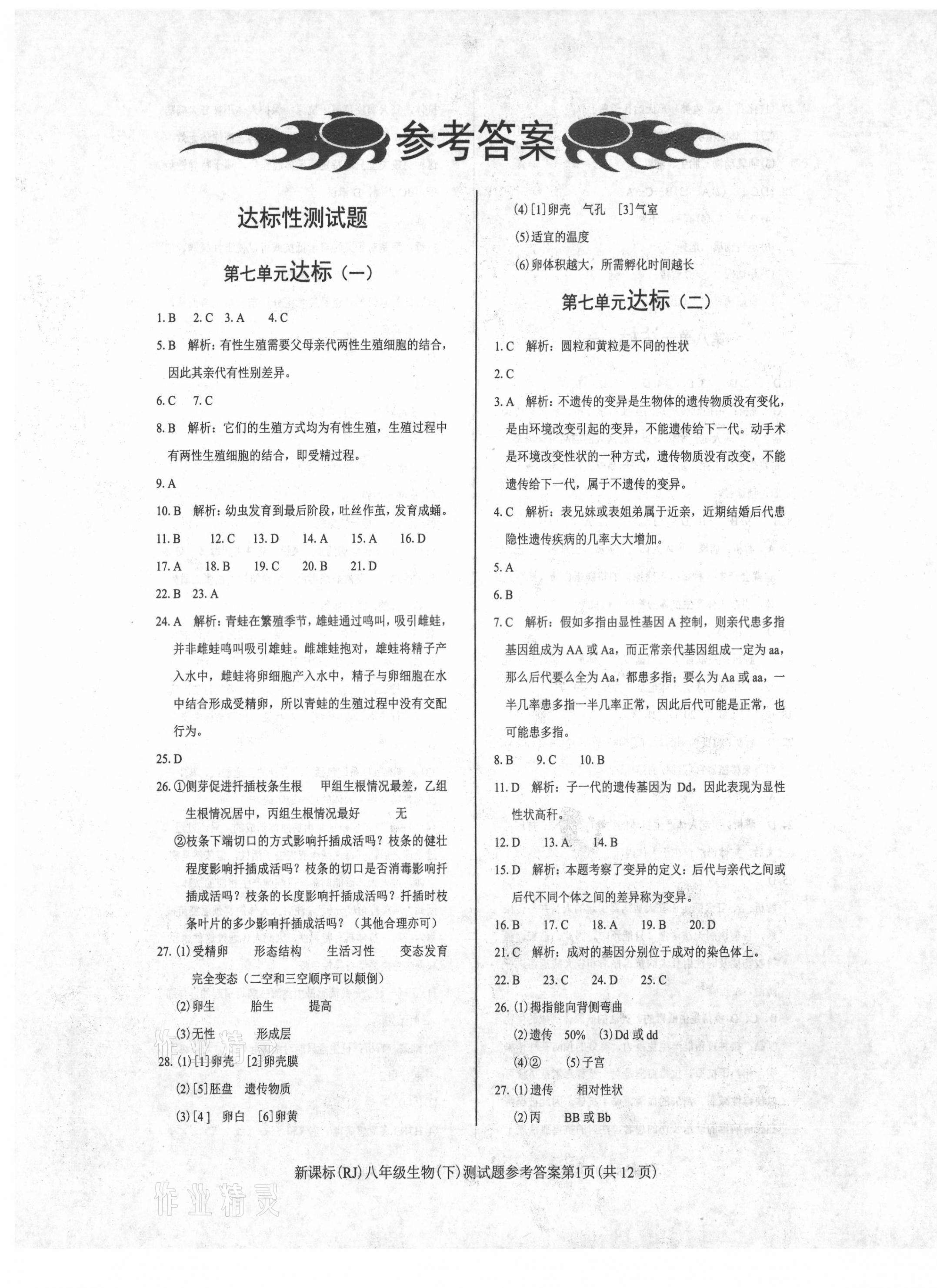 2021年學(xué)考2加1八年級(jí)生物下冊(cè)人教版 參考答案第1頁