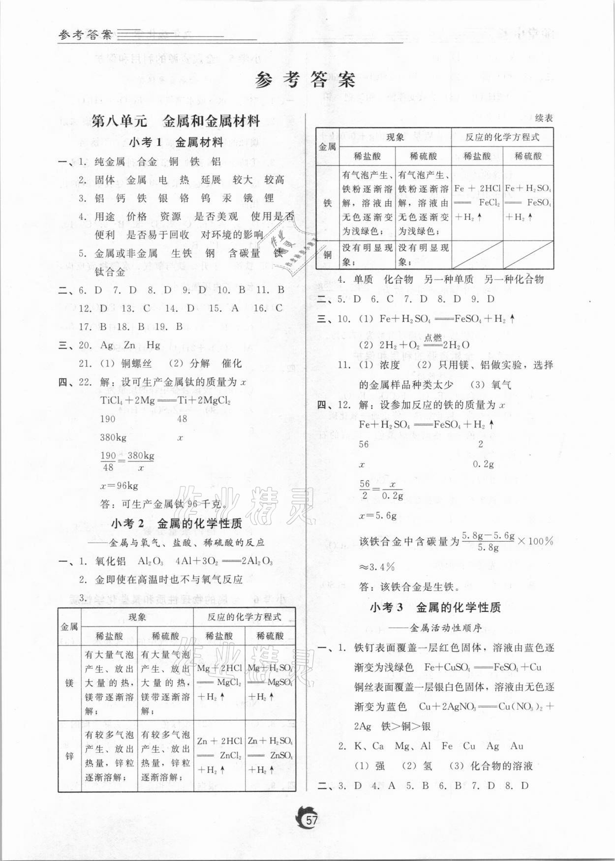 2021年隨堂小考九年級化學(xué)下冊人教版 參考答案第1頁