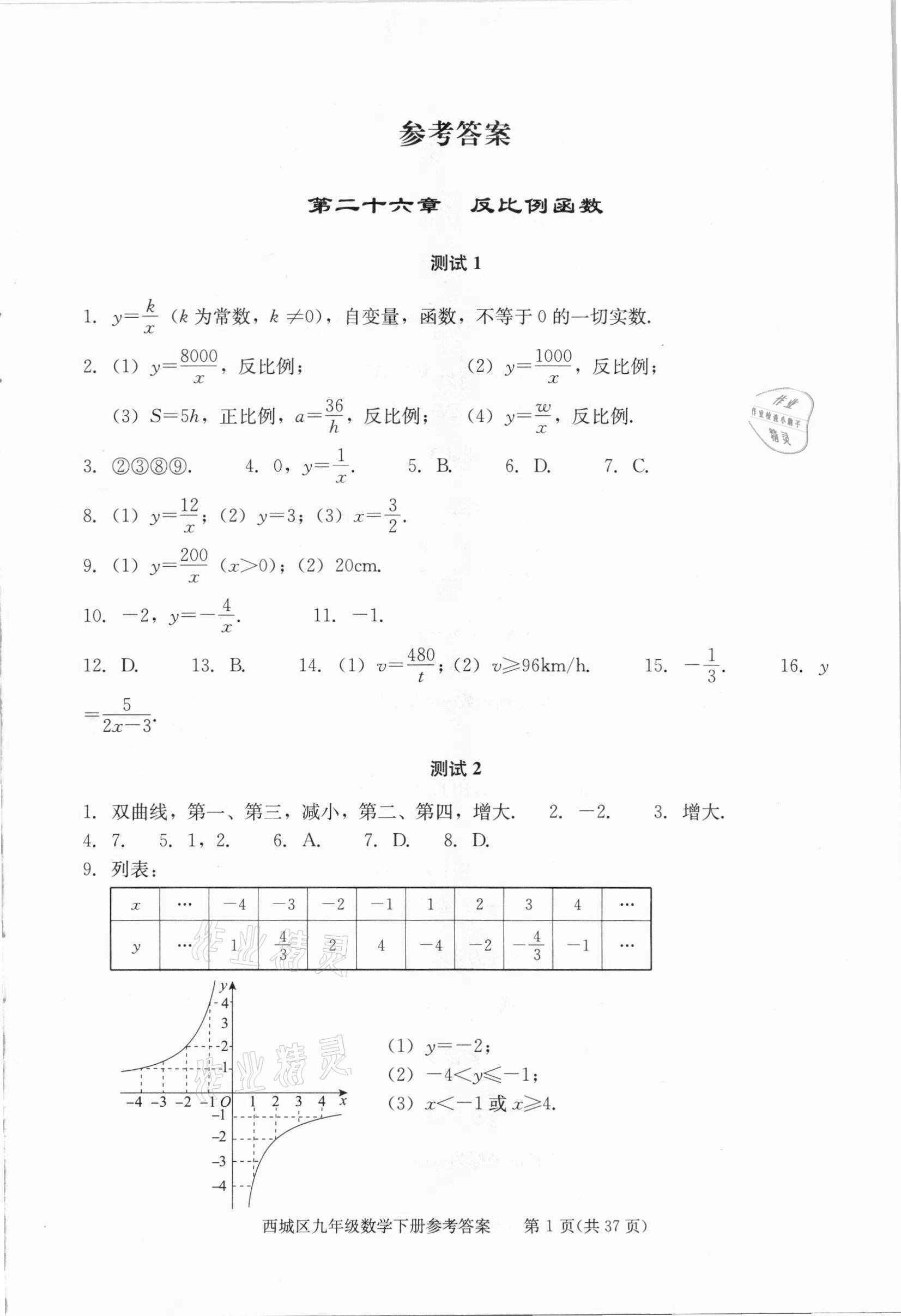 2021年學習探究診斷九年級數學下冊人教版 參考答案第1頁