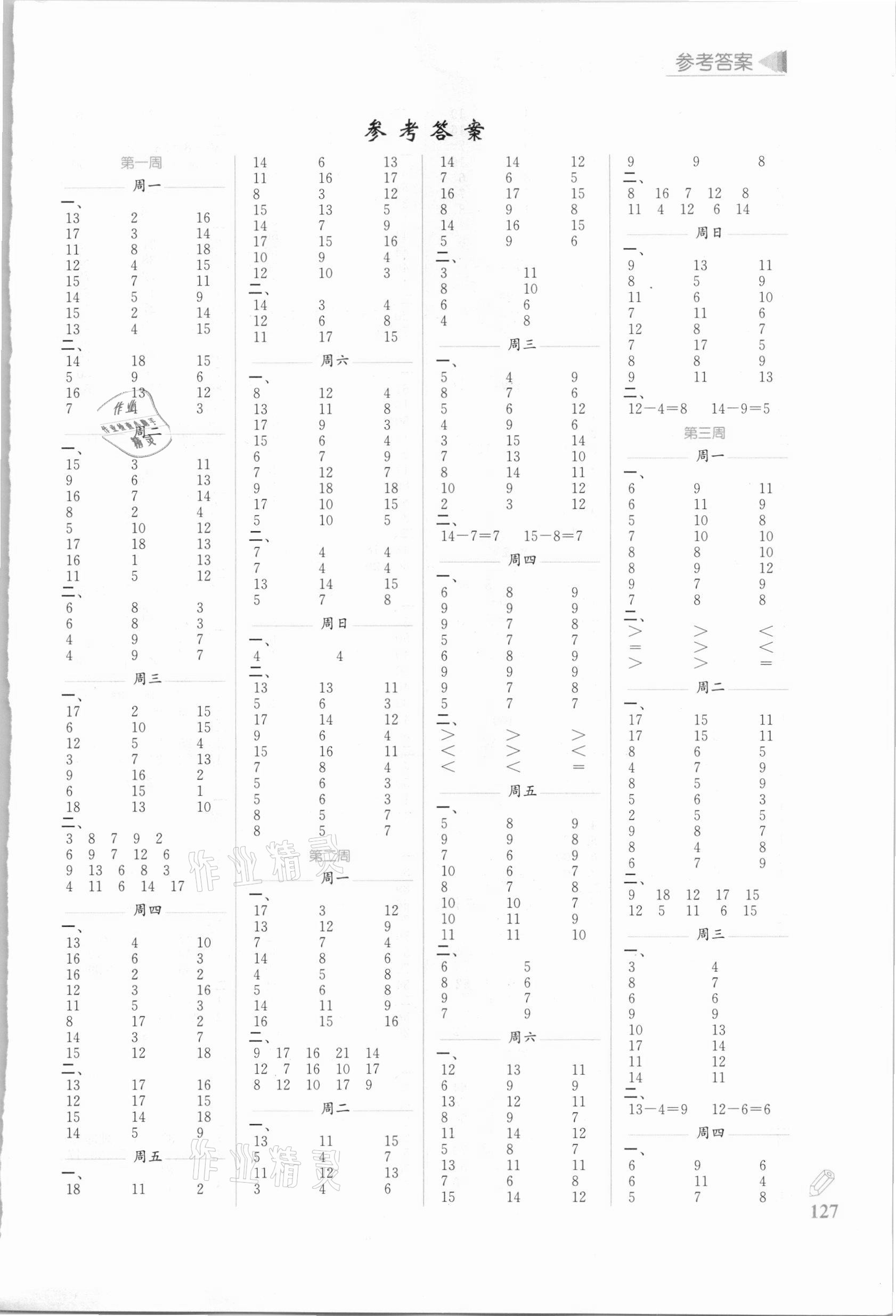 2021年口算天天練每日5分鐘一年級數(shù)學(xué)下冊蘇教版 第1頁