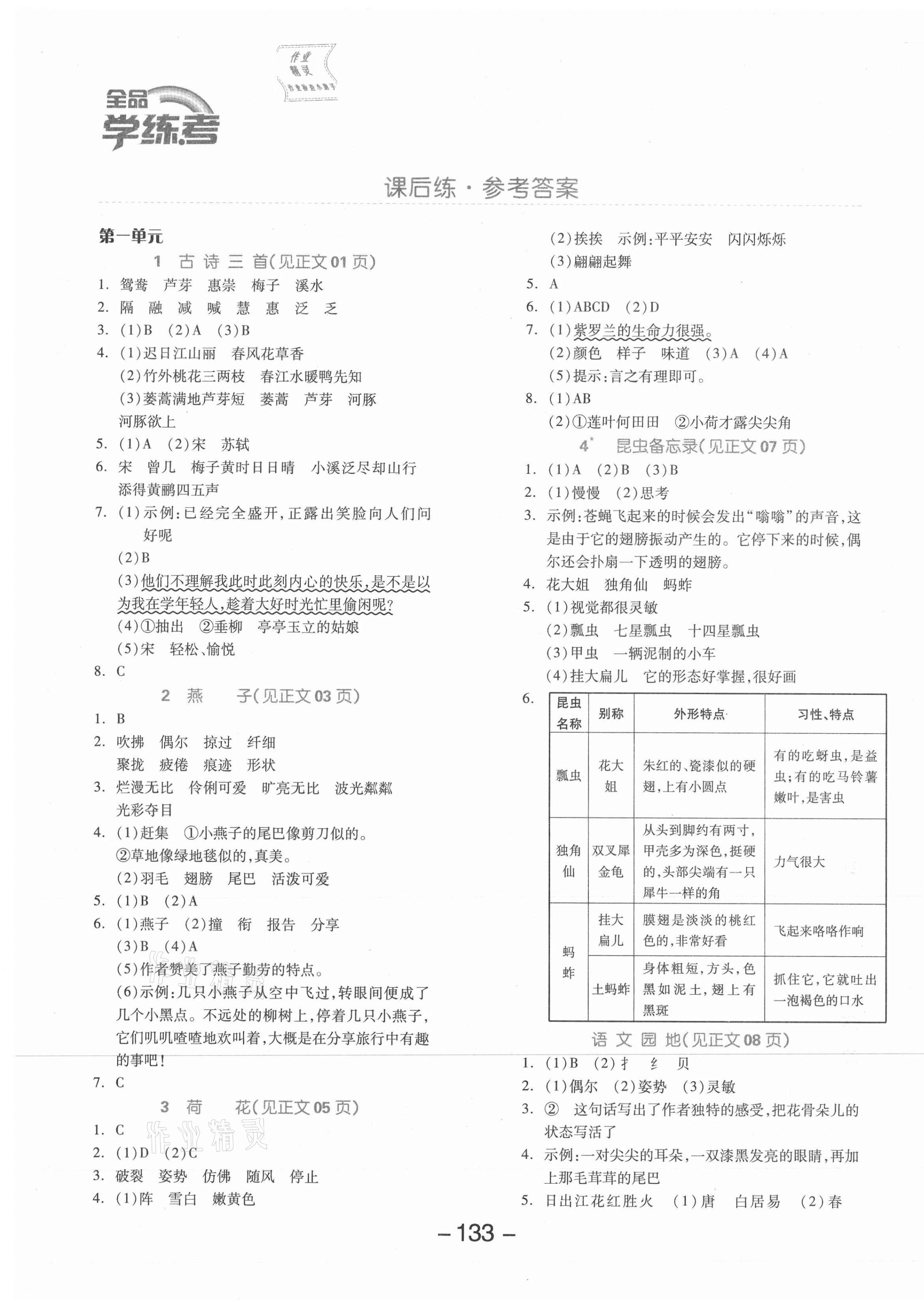 2021年全品学练考三年级语文下册人教版北京专版 参考答案第1页