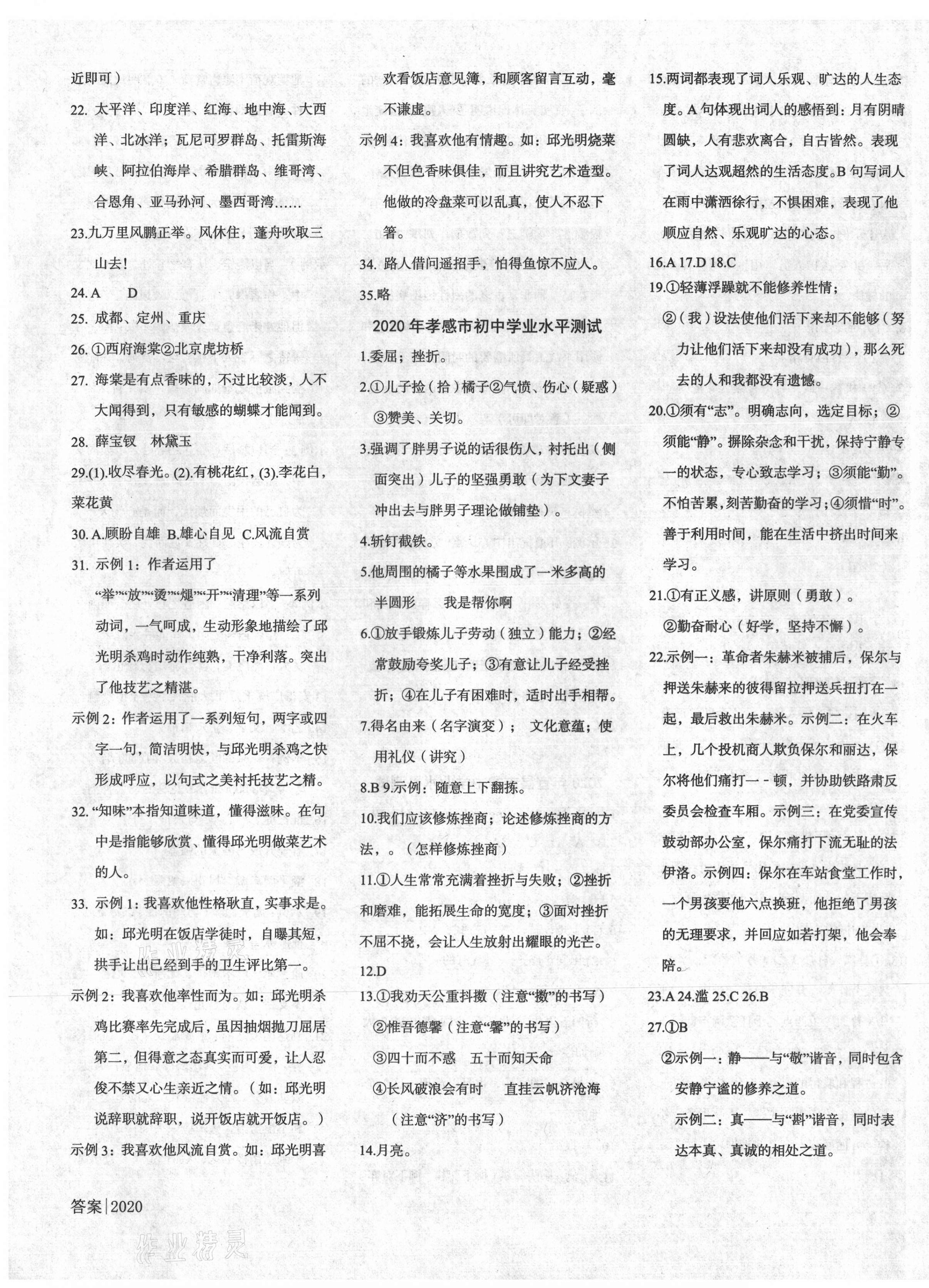 2021年中考真题汇编语文湖北专版新疆文化出版社&nbsp;参考答案第3页