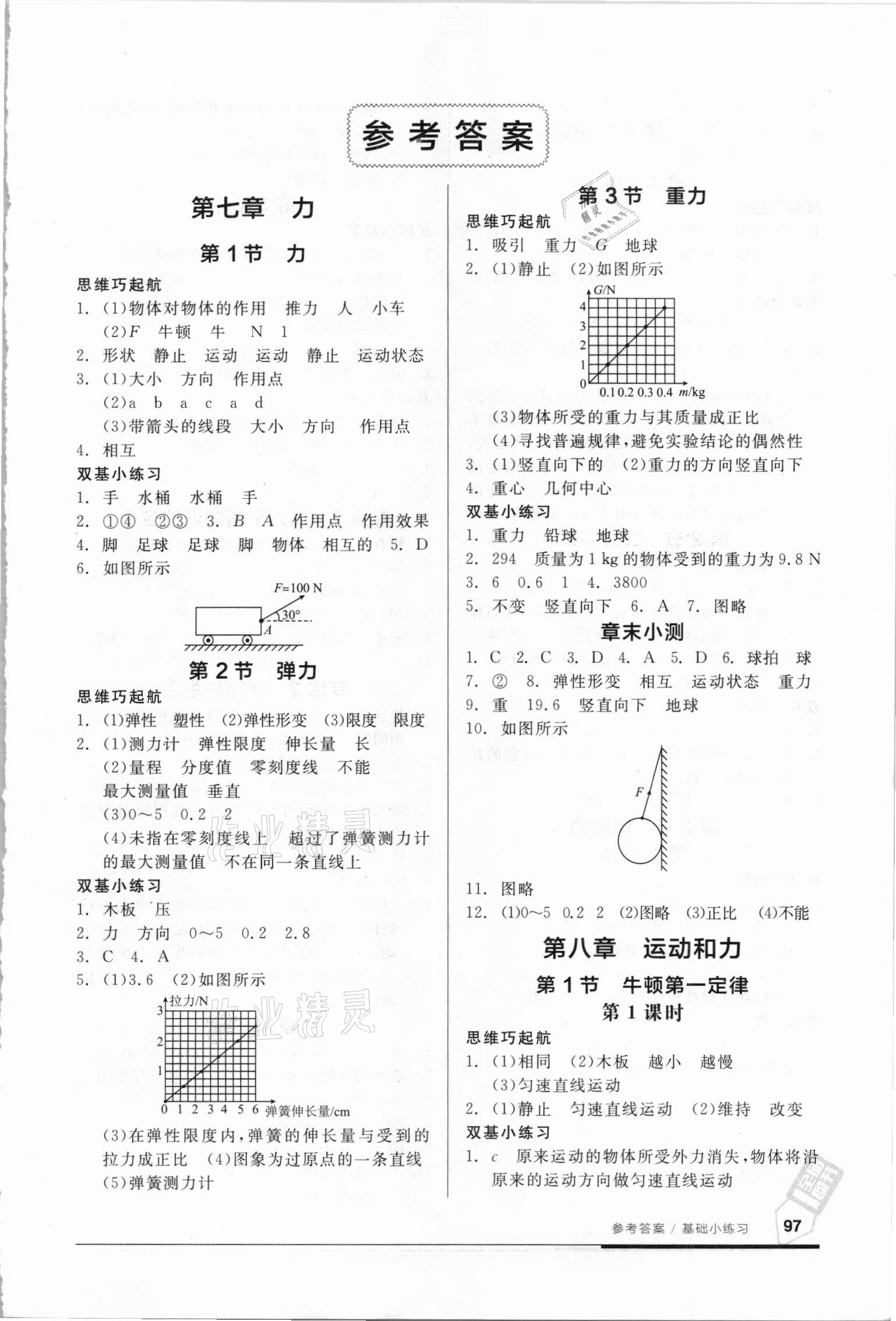 2021年全品基礎(chǔ)小練習(xí)八年級物理下冊人教版 參考答案第1頁