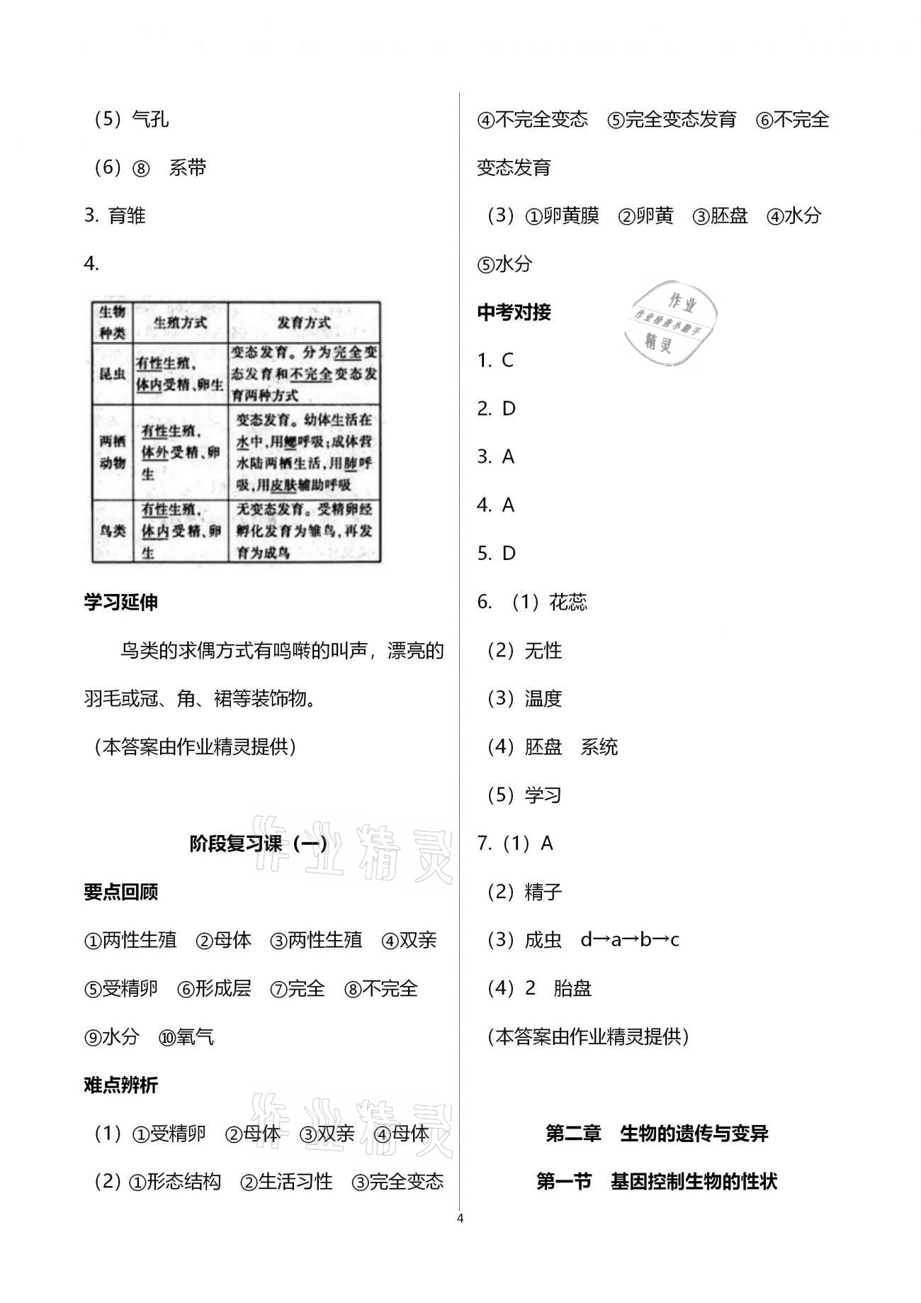 2021年基础训练八年级生物学下册人教版大象出版社 参考答案第4页