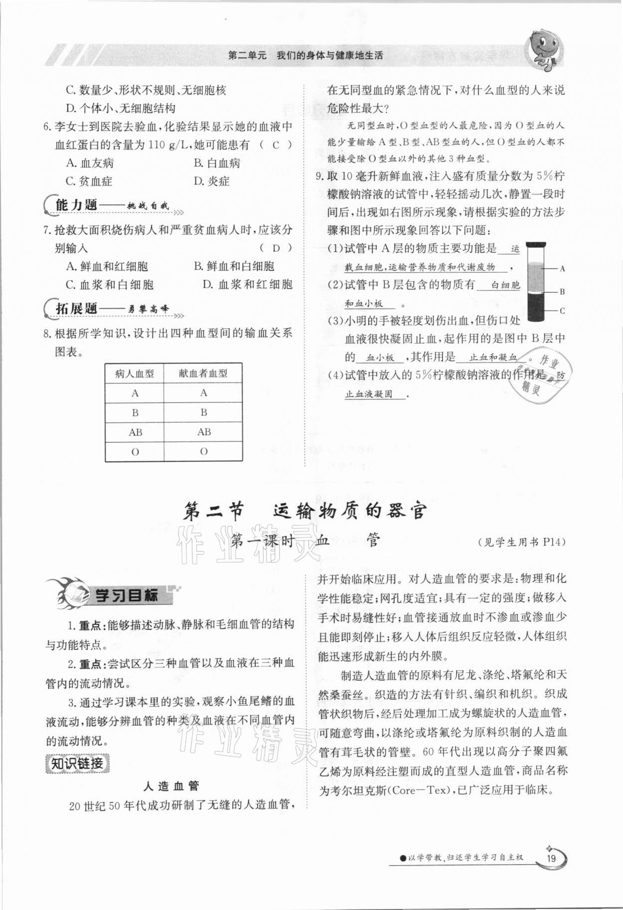 2021年金太陽導(dǎo)學(xué)測評七年級生物下冊冀少版 參考答案第19頁