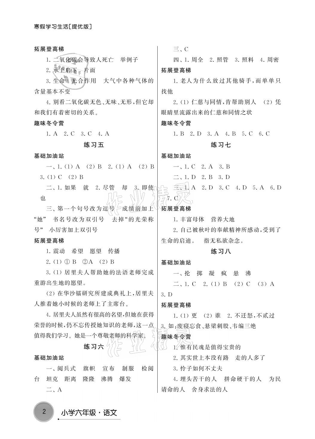 2021年寒假学习生活六年级语文提优版译林出版社 参考答案第2页