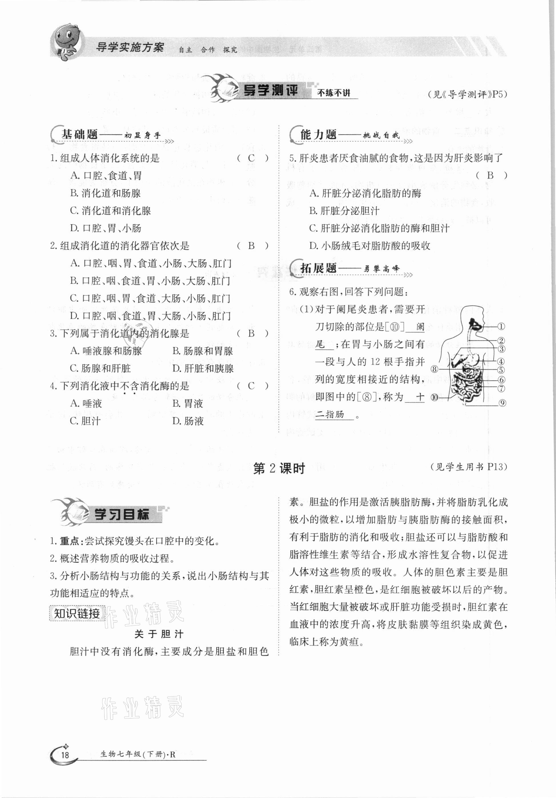 2021年金太阳导学测评七年级生物下册人教版 参考答案第18页