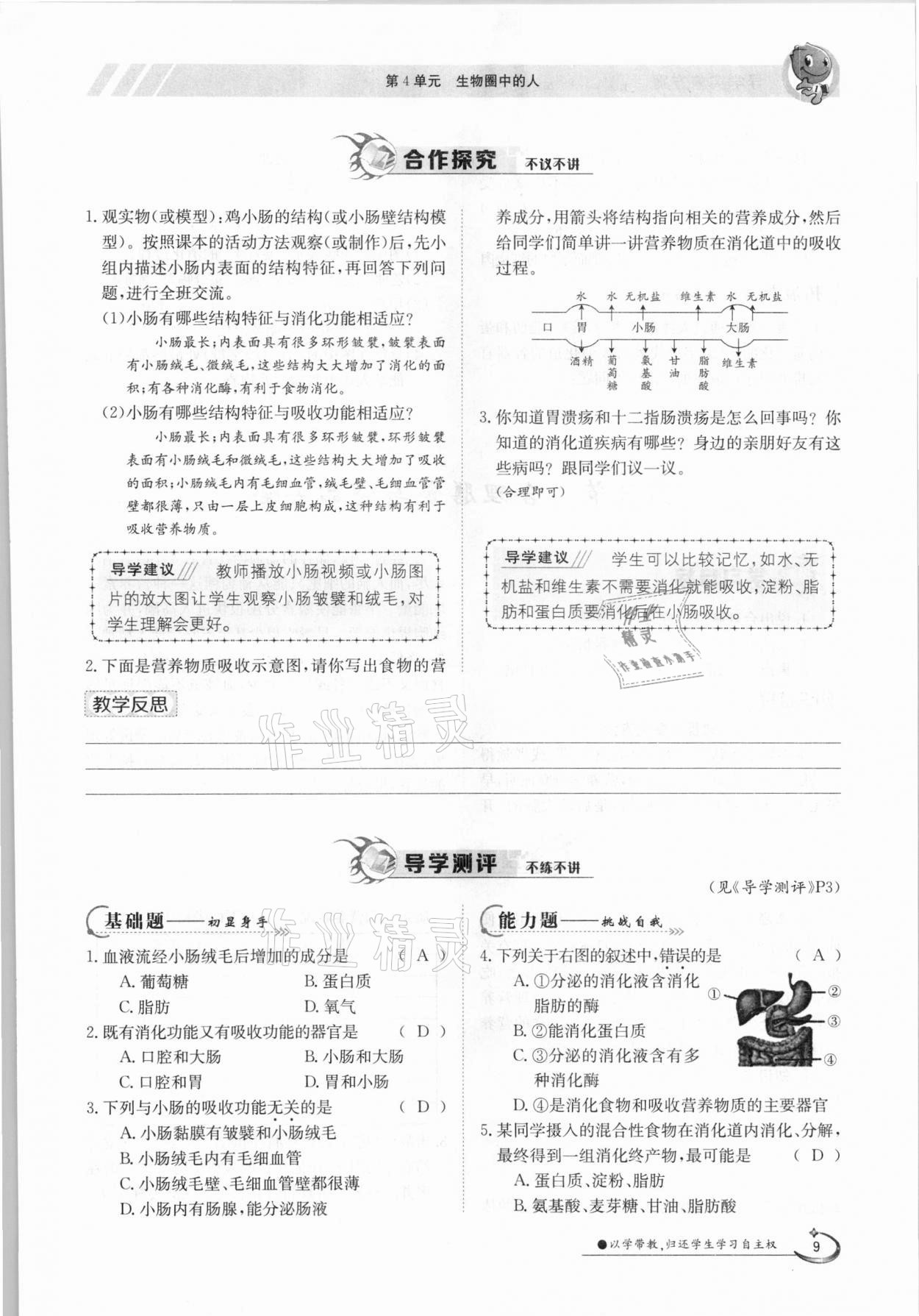 2021年金太阳导学测评七年级生物下册北师大版 参考答案第9页