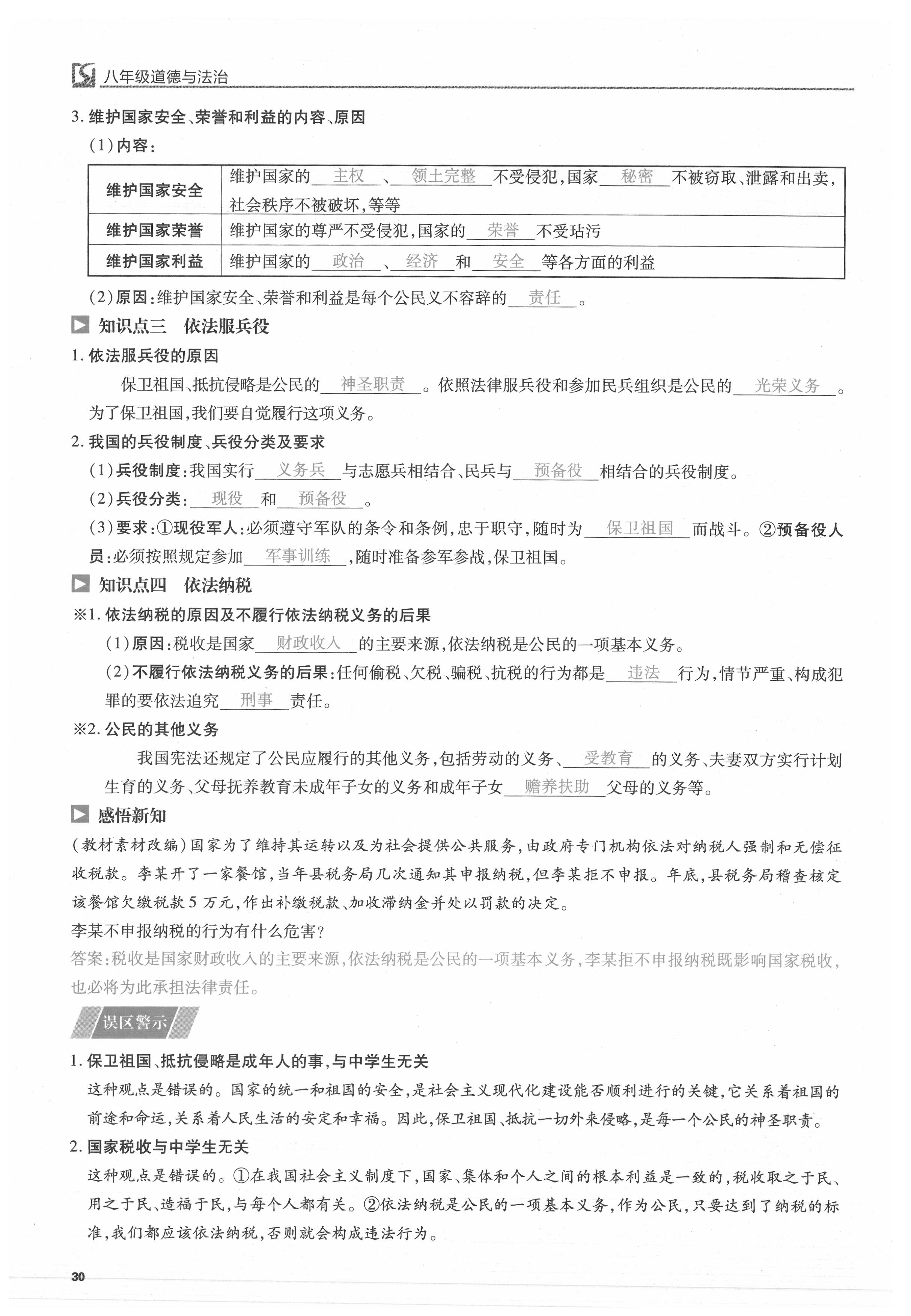 2021年我的作業(yè)八年級道德與法治下冊人教版 參考答案第30頁