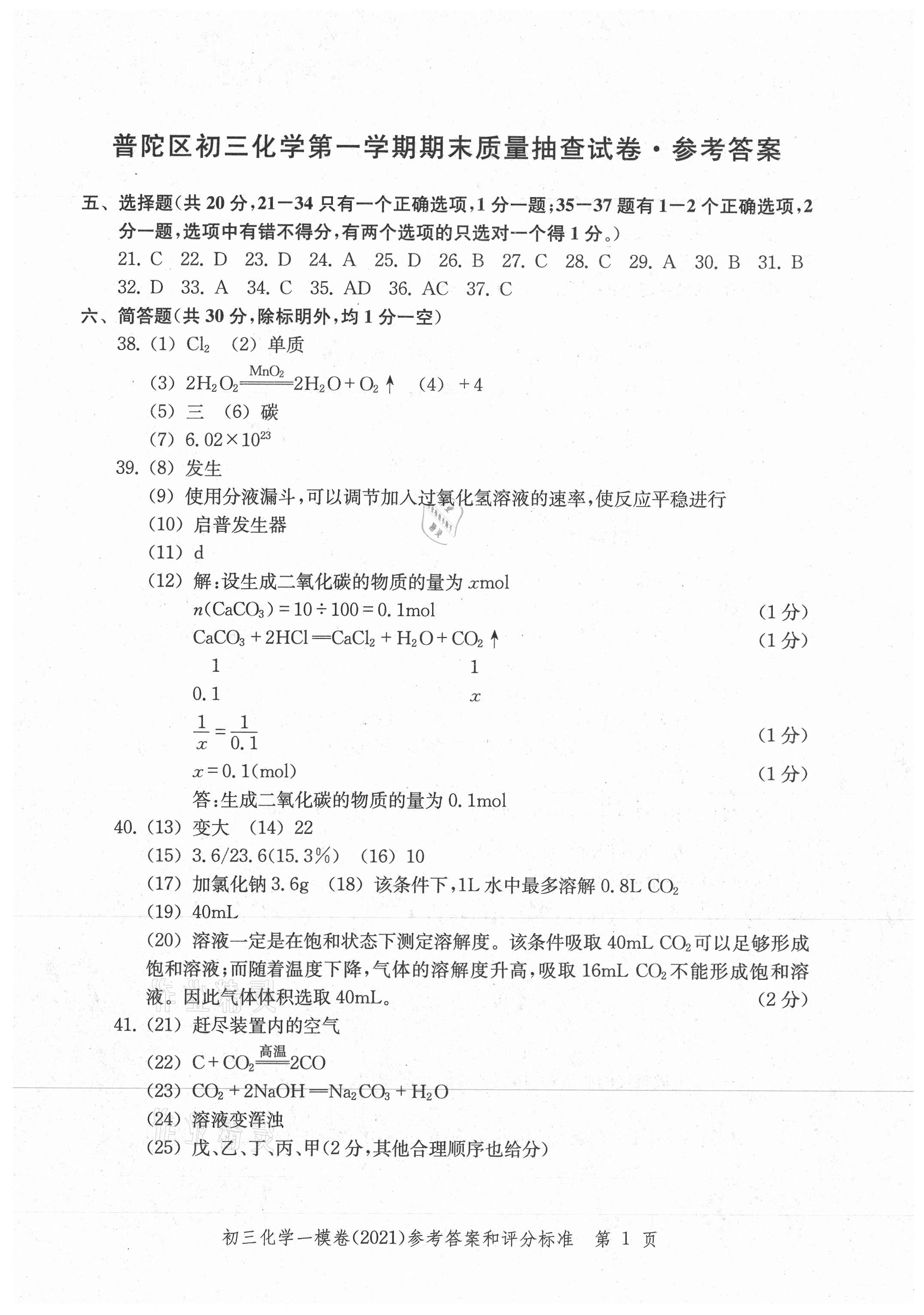 2021年文化課強(qiáng)化訓(xùn)練化學(xué) 參考答案第1頁(yè)