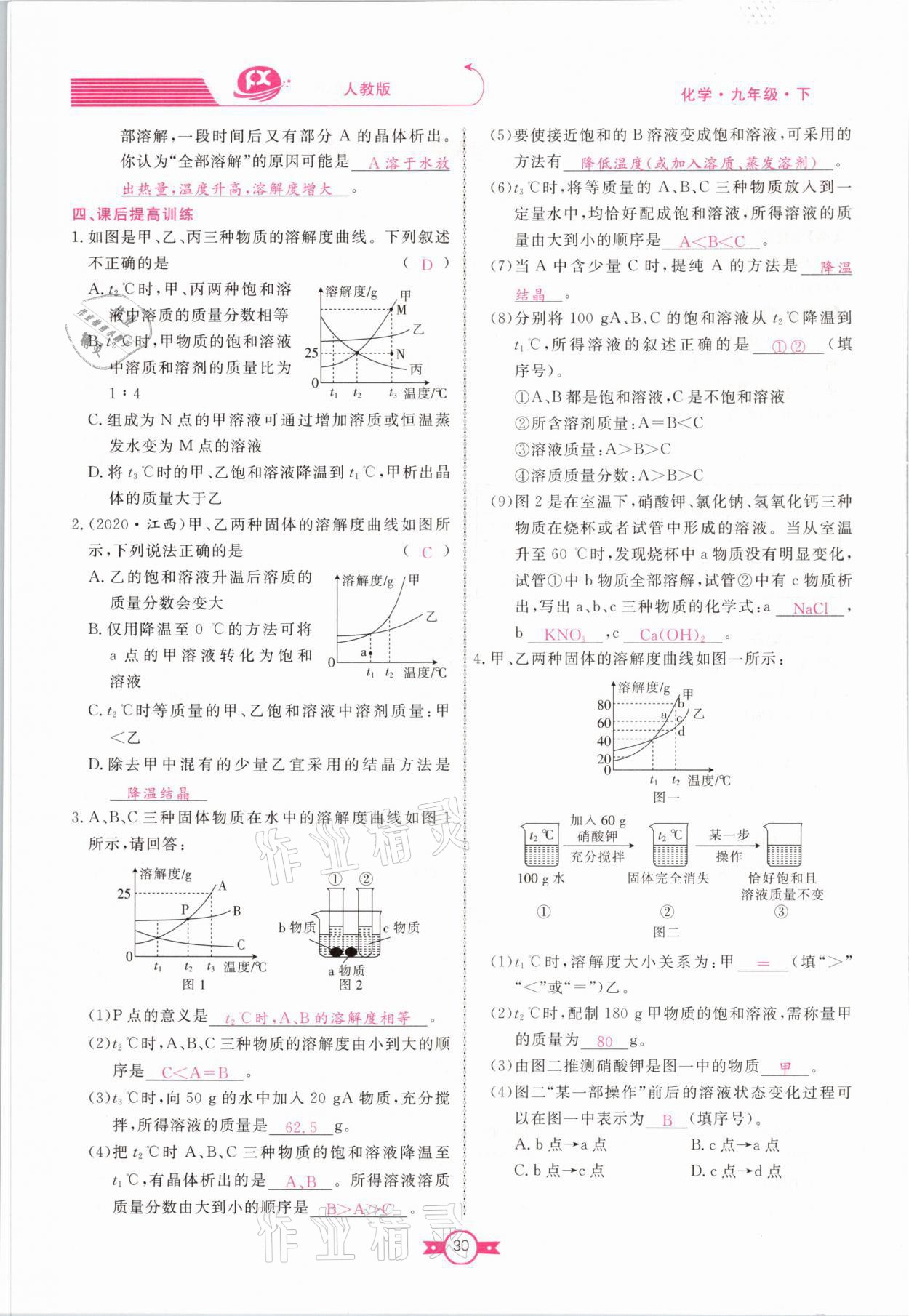 2021年赢在新课堂九年级化学下册人教版江西专版 参考答案第30页