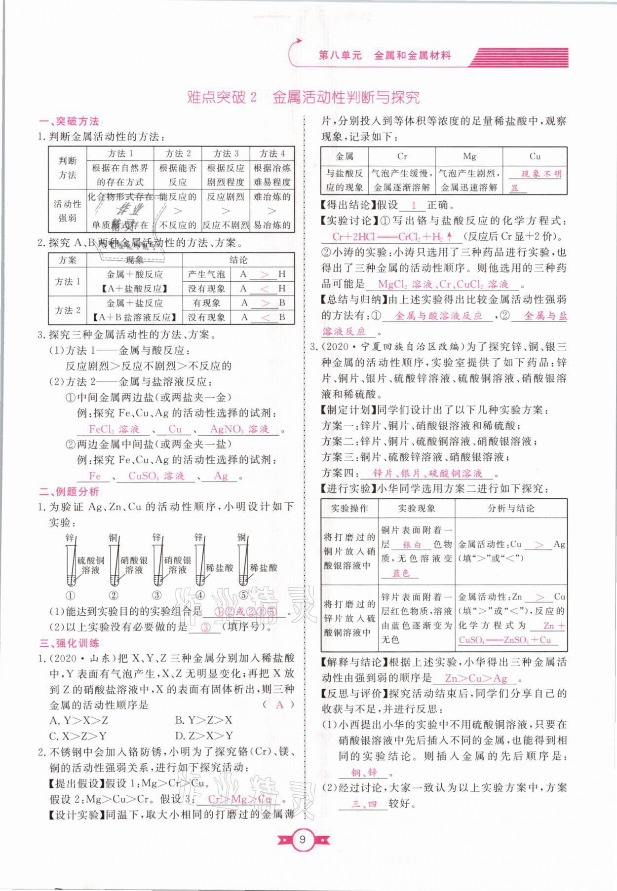 2021年贏在新課堂九年級(jí)化學(xué)下冊(cè)人教版江西專版 參考答案第9頁(yè)