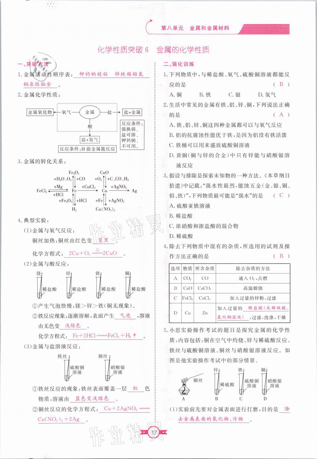 2021年赢在新课堂九年级化学下册人教版江西专版 参考答案第17页