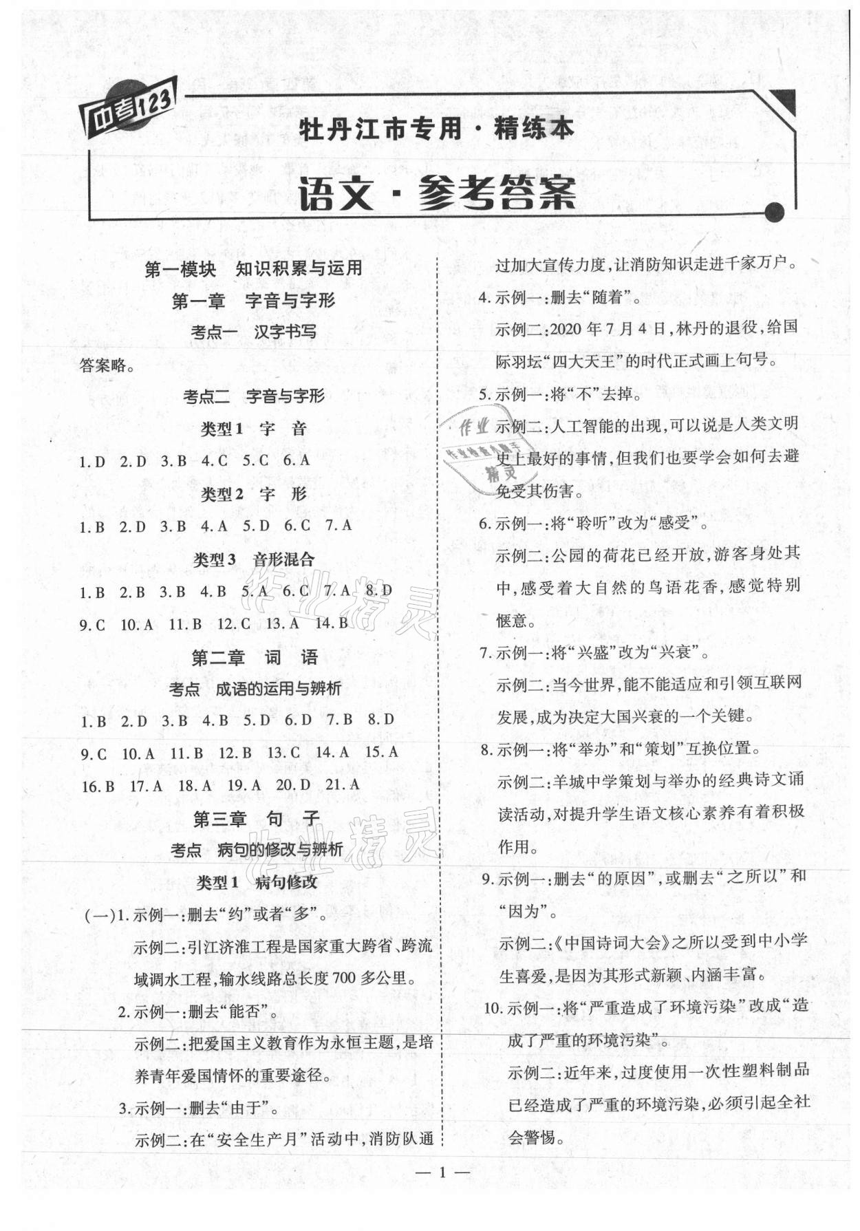 2021年中考123基礎(chǔ)章節(jié)總復(fù)習(xí)測試卷語文牡丹江專用 第1頁