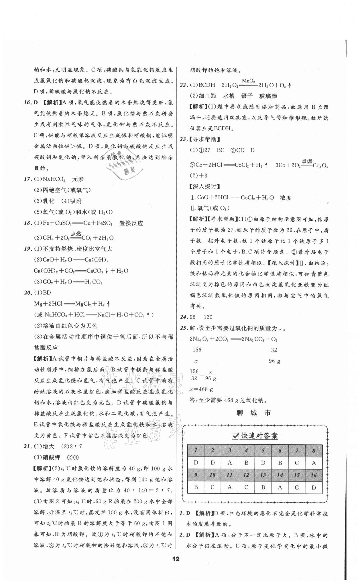 2021年中考必备化学山东专版辽宁师范大学出版社 参考答案第12页