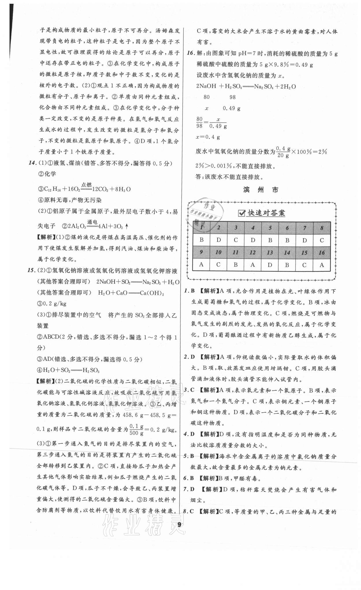 2021年中考必备化学山东专版辽宁师范大学出版社 参考答案第9页