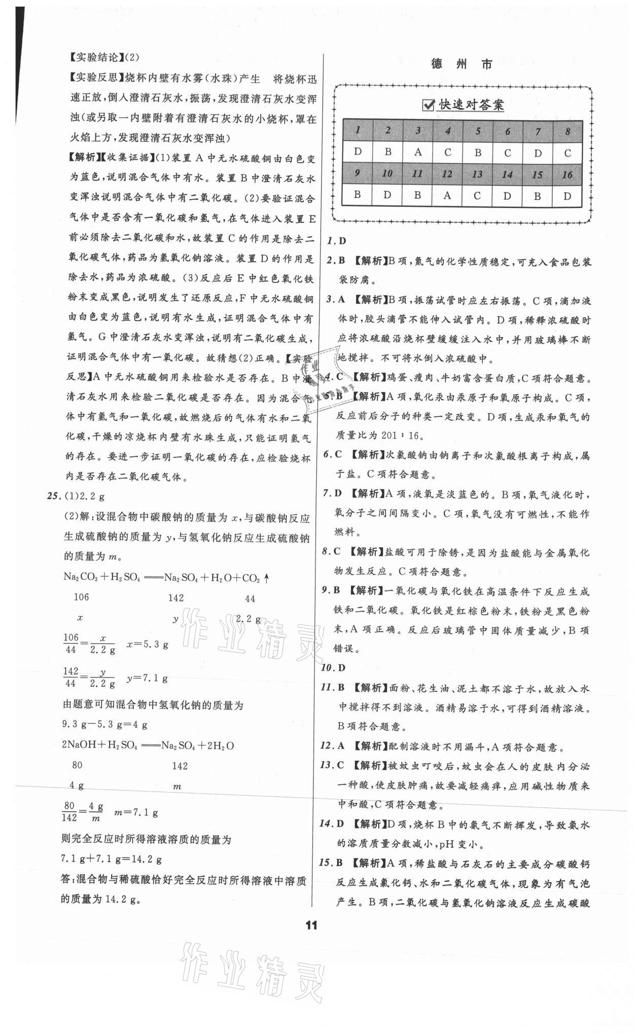 2021年中考必备化学山东专版辽宁师范大学出版社 参考答案第11页