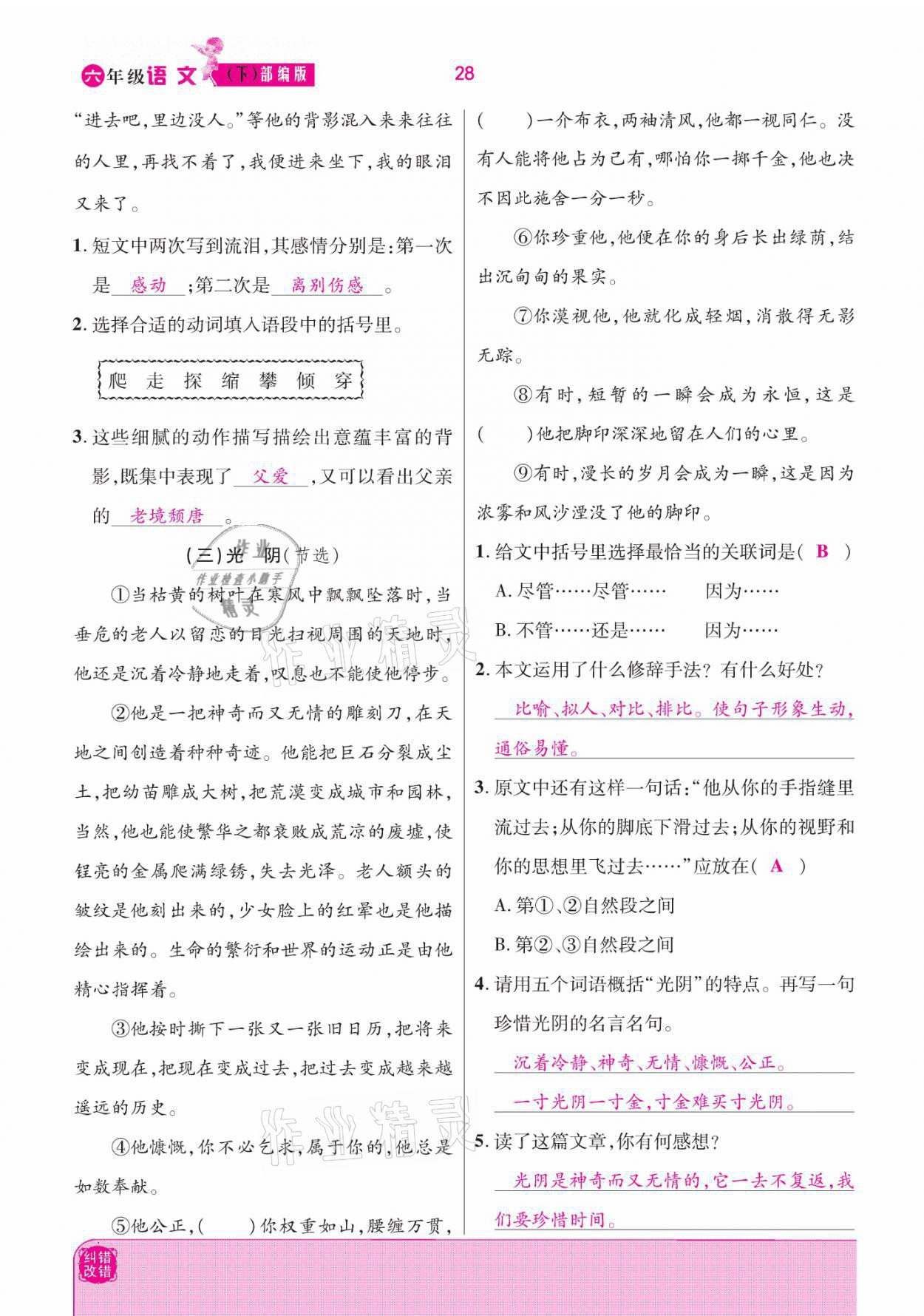 2021年小學(xué)課時(shí)優(yōu)練六年級(jí)語(yǔ)文下冊(cè)部編版 參考答案第28頁(yè)