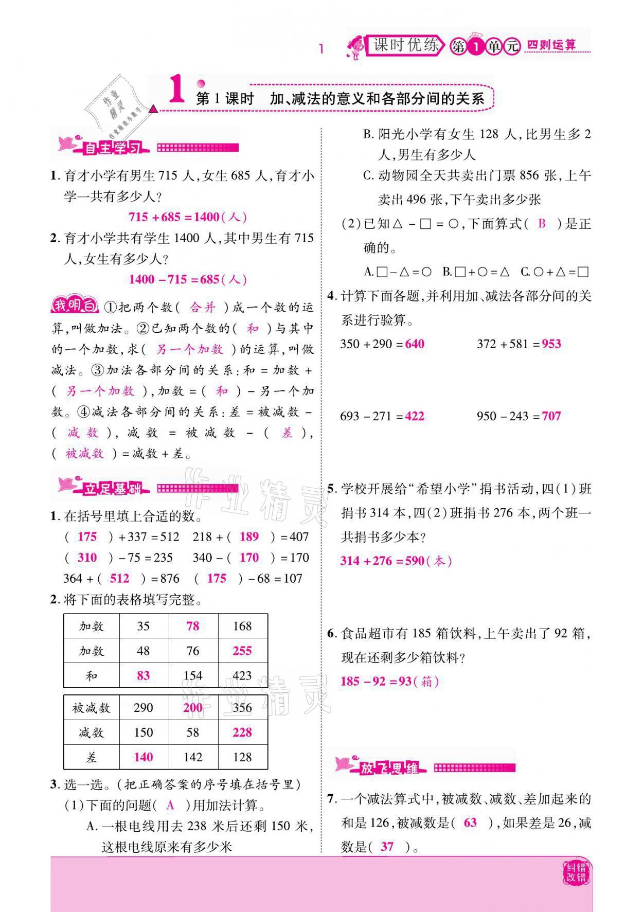 2021年小學(xué)課時(shí)優(yōu)練四年級(jí)數(shù)學(xué)下冊(cè)人教版新版 參考答案第1頁