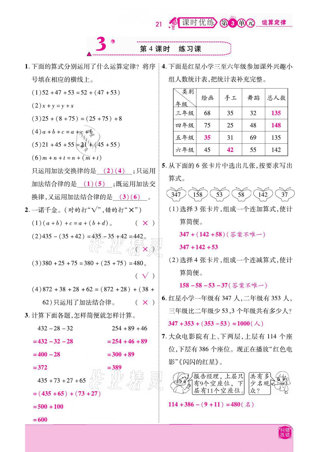 2021年小學(xué)課時(shí)優(yōu)練四年級(jí)數(shù)學(xué)下冊(cè)人教版新版 參考答案第21頁(yè)