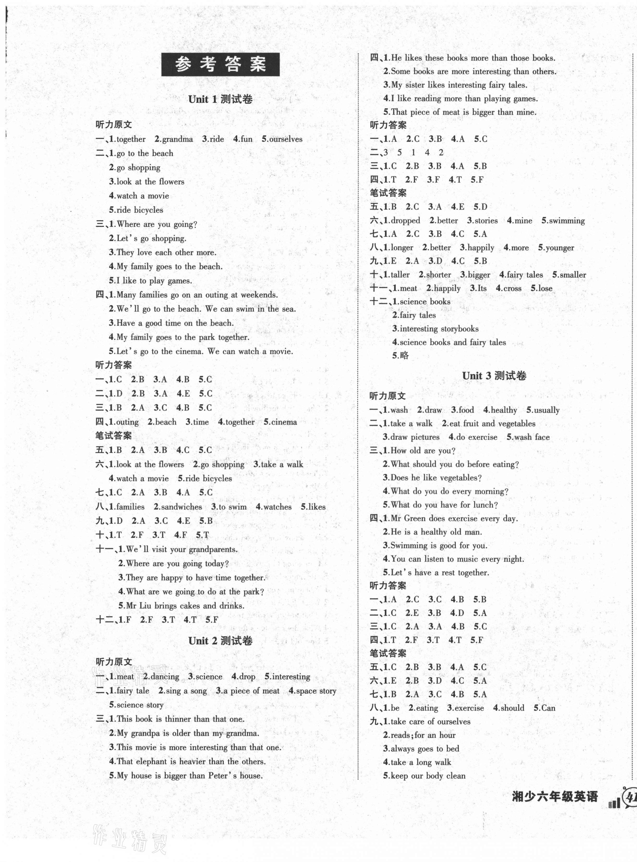 2021年狀元成才路創(chuàng)新名卷六年級英語下冊湘少版 參考答案第1頁