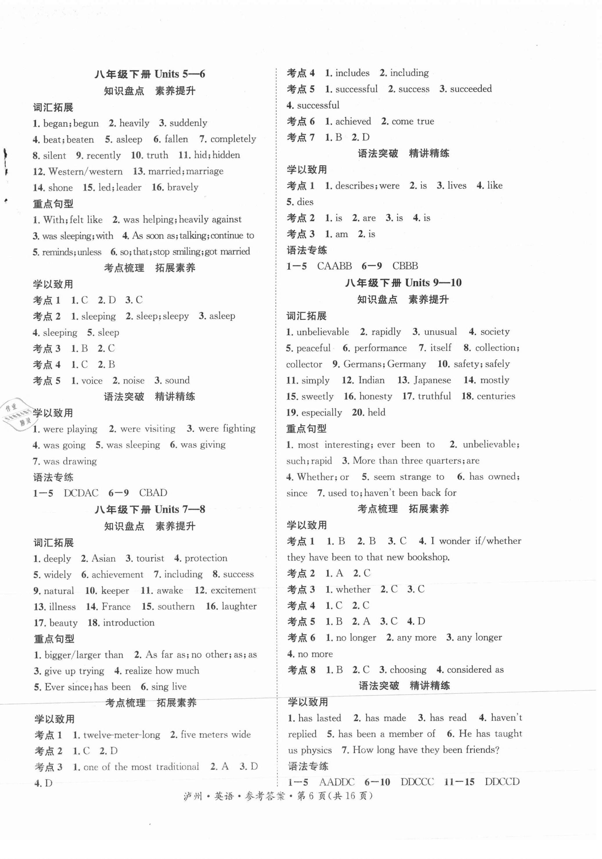 2021年中考复习总动员英语泸州专版 参考答案第6页