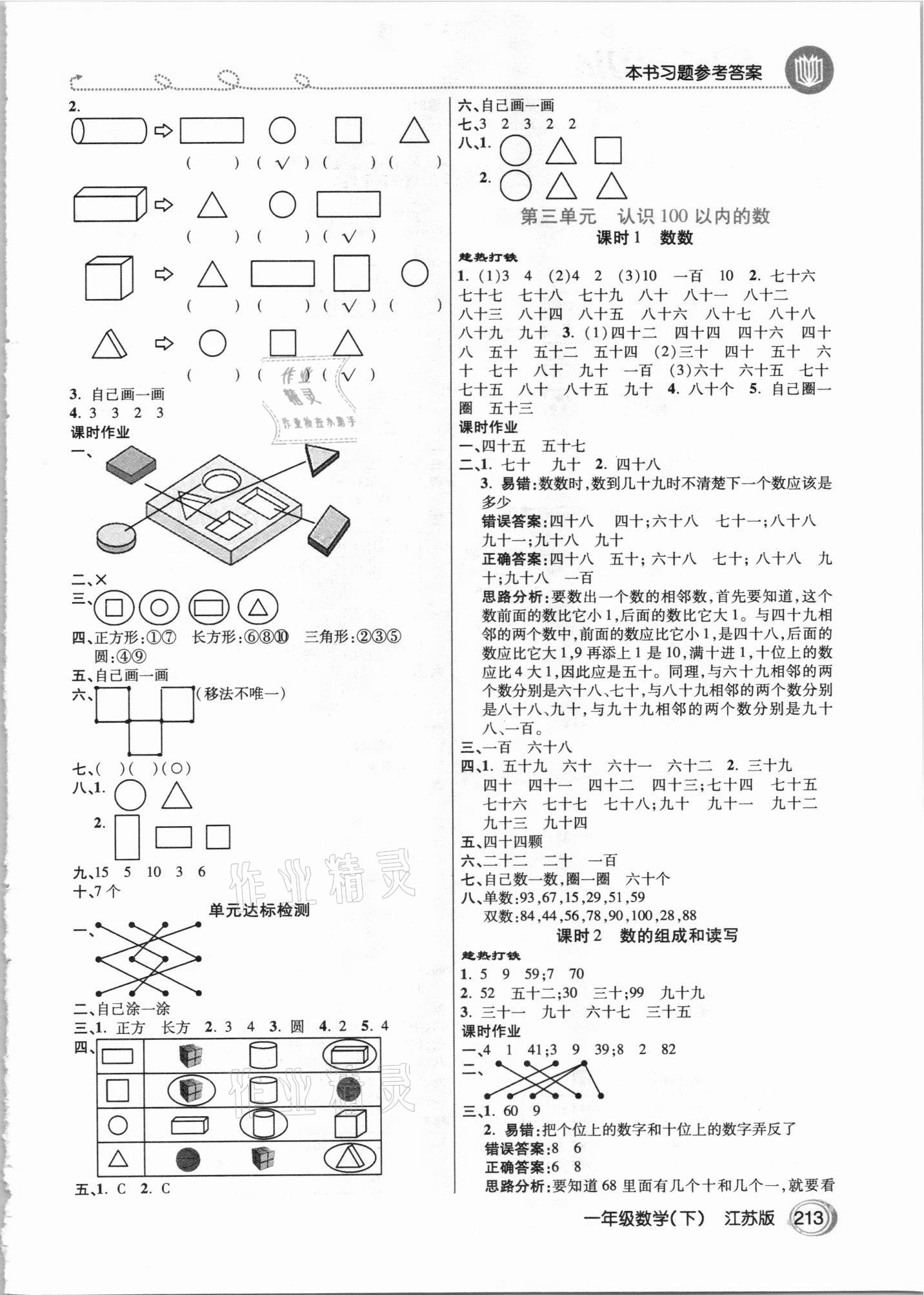 2021年倍速学习法一年级数学下册江苏版 参考答案第2页