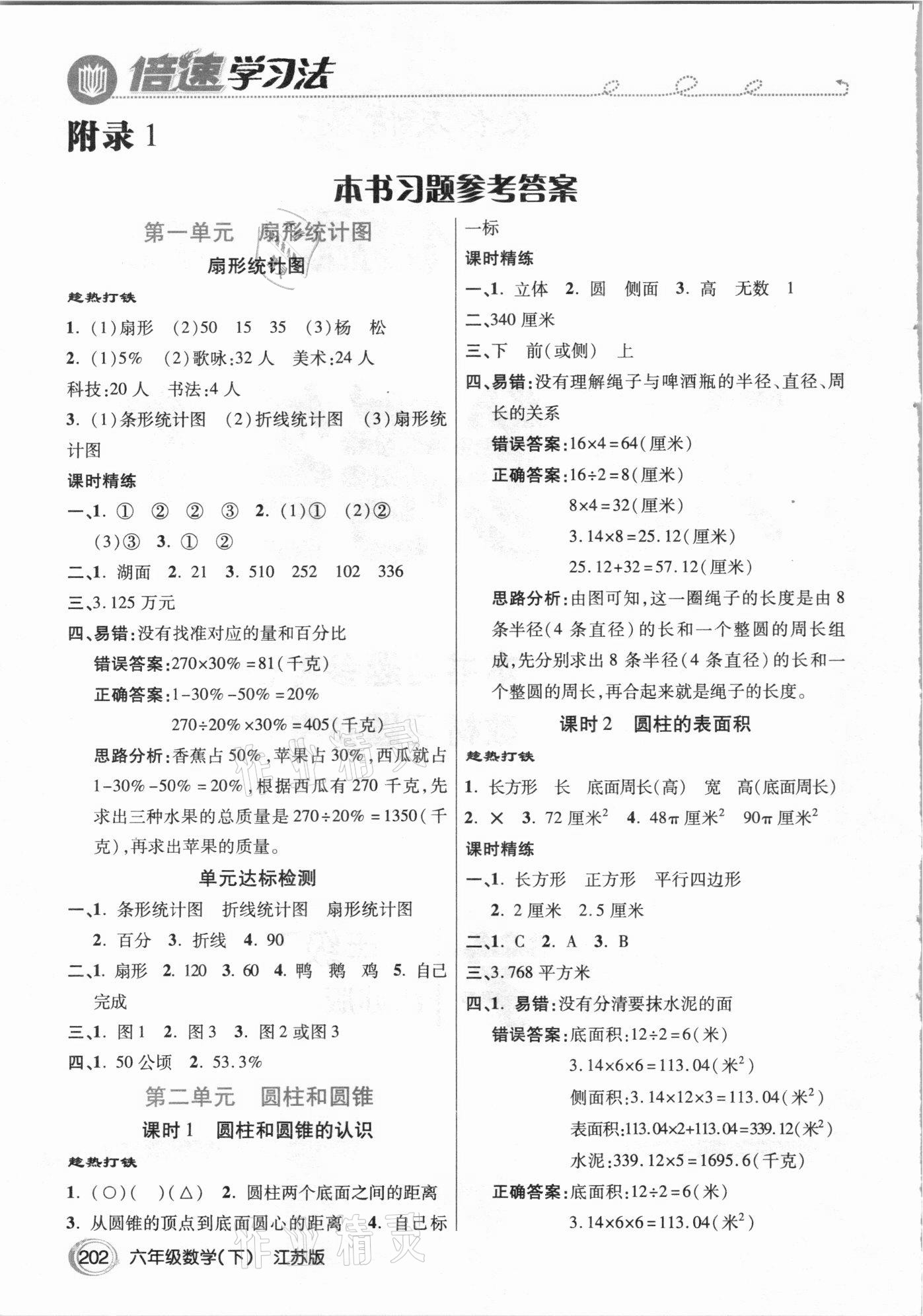 2021年倍速學(xué)習(xí)法六年級數(shù)學(xué)下冊江蘇版 參考答案第1頁