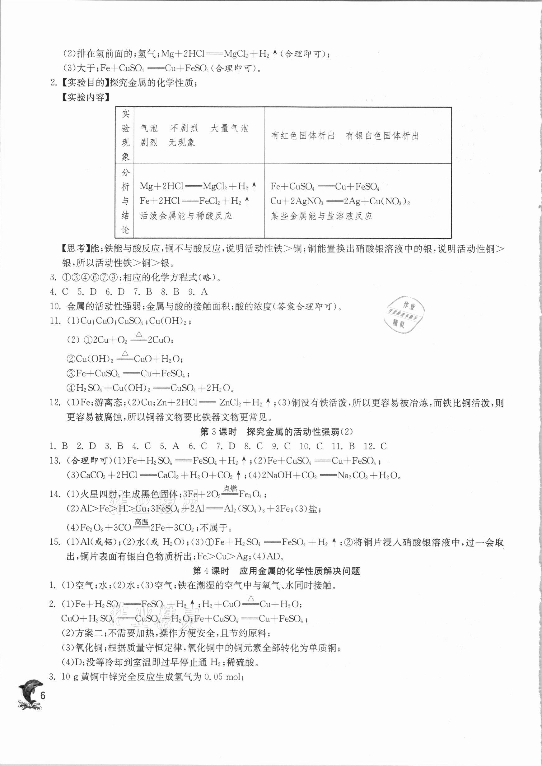 2021年實驗班提優(yōu)訓練九年級化學下冊滬教版上海專版 參考答案第6頁