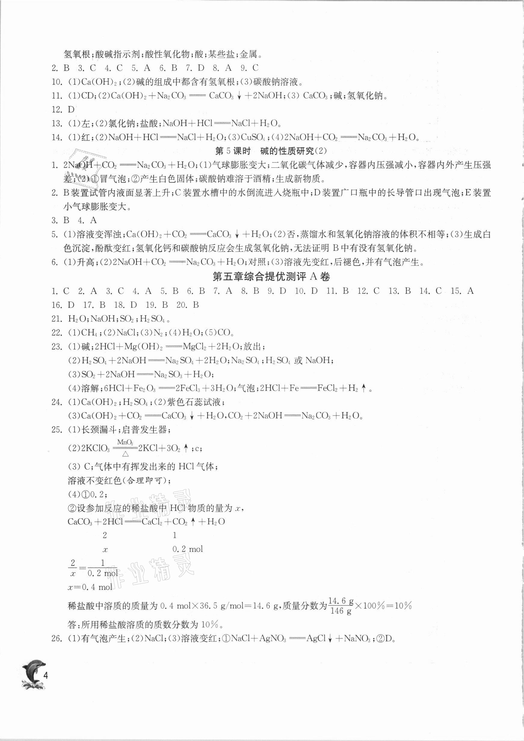 2021年实验班提优训练九年级化学下册沪教版上海专版 参考答案第4页