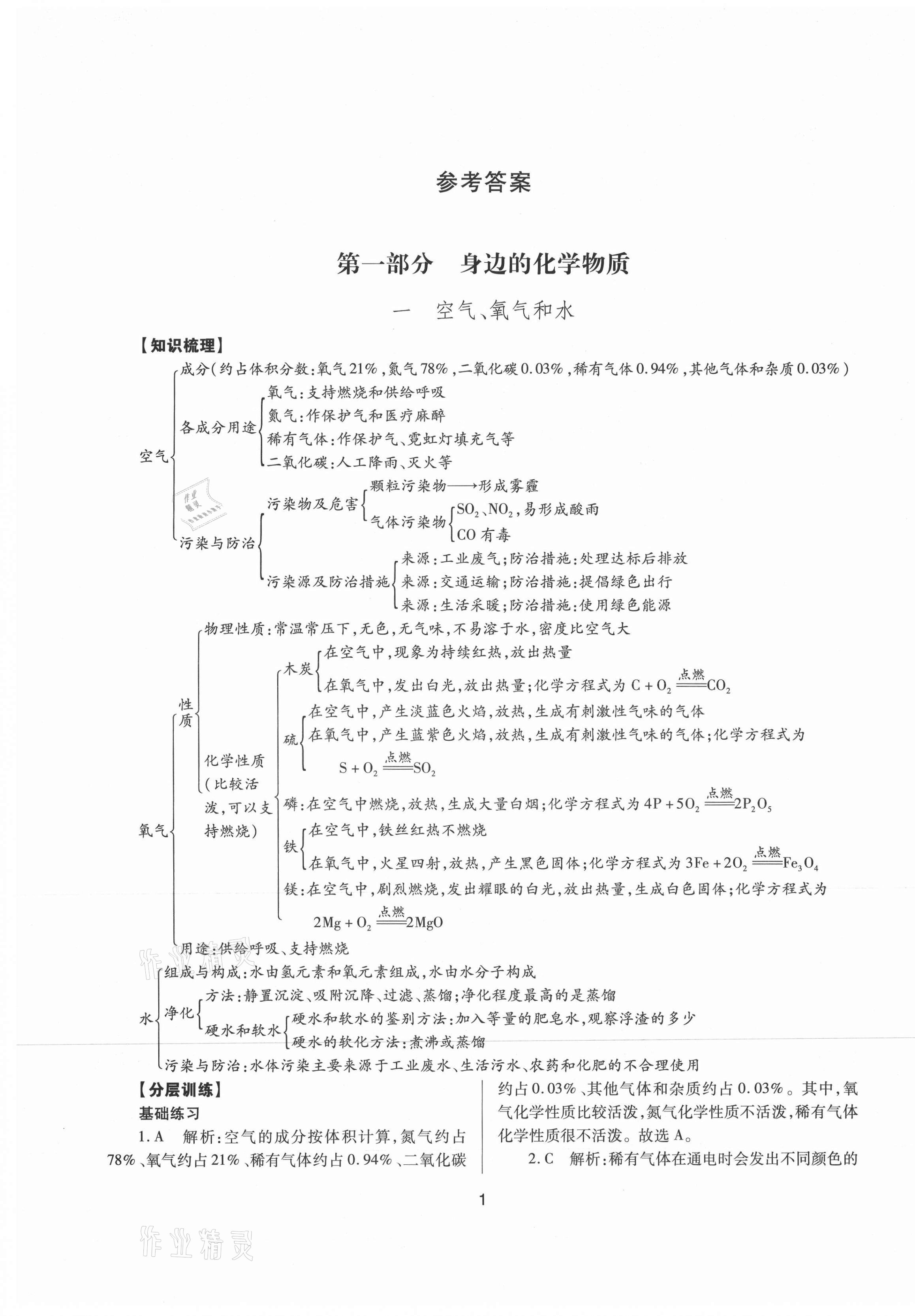 2021年山西省中考指导化学 参考答案第1页