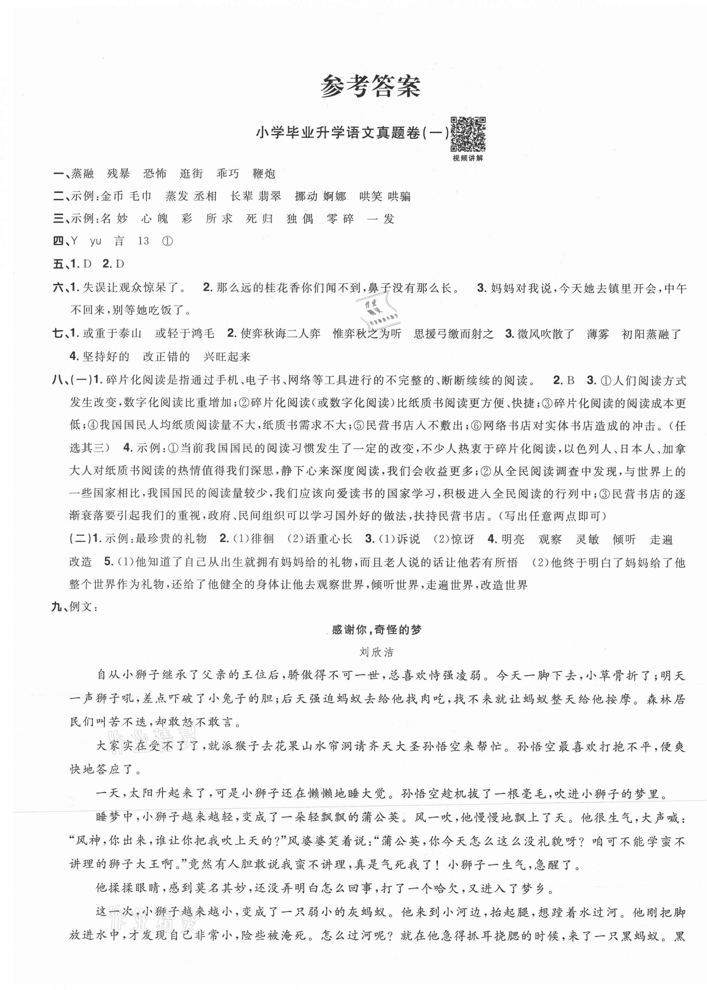 2021年陽光同學小學畢業(yè)升學系統(tǒng)總復習語文 第1頁