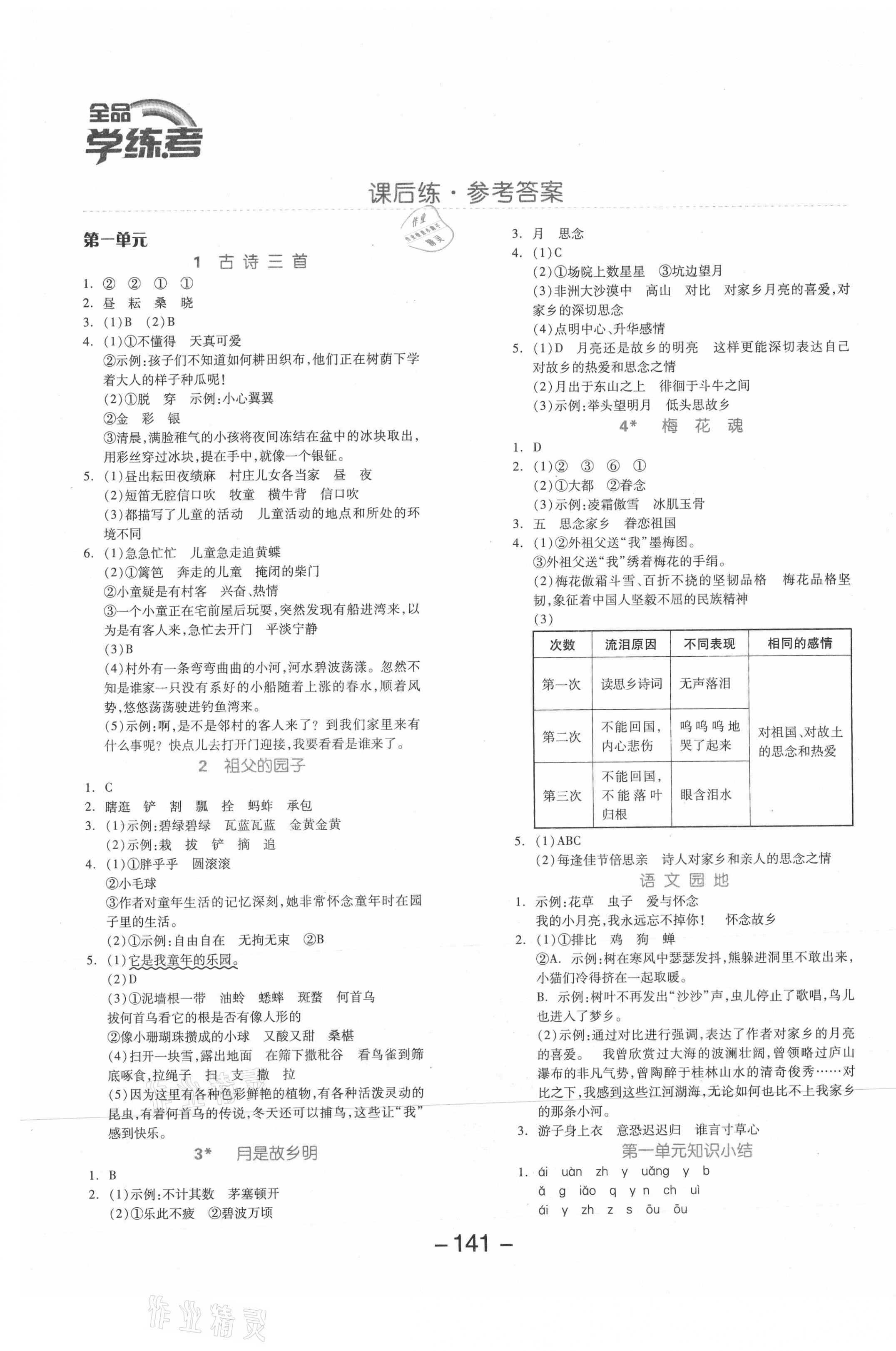 2021年全品学练考五年级语文下册人教版邵阳专版 参考答案第1页