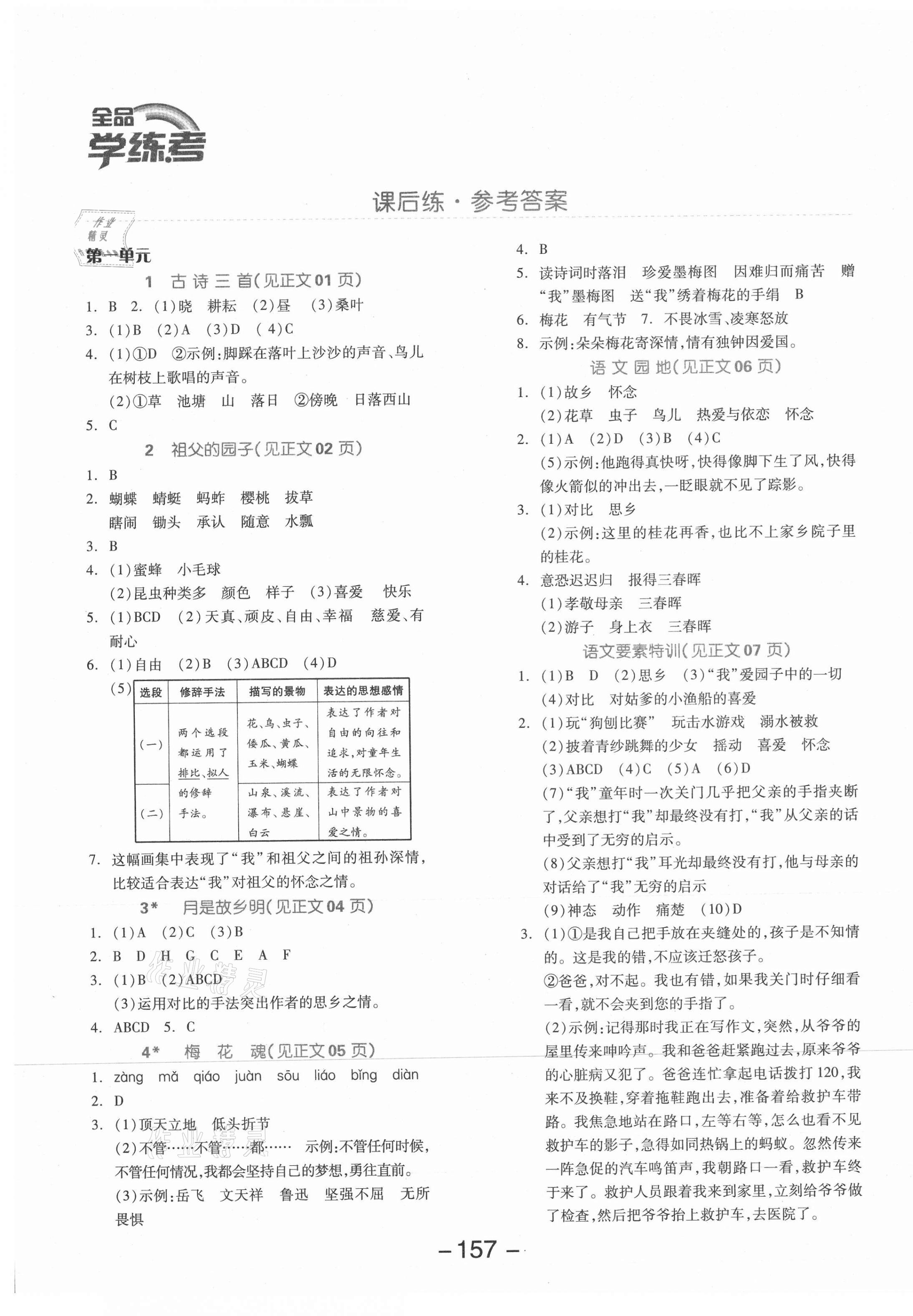 2021年全品学练考五年级语文下册人教版江苏专版 参考答案第1页