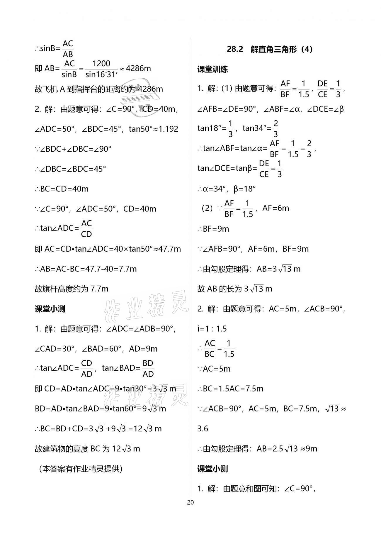 2021年初中數(shù)學(xué)活頁練習(xí)九年級下冊人教版 參考答案第20頁