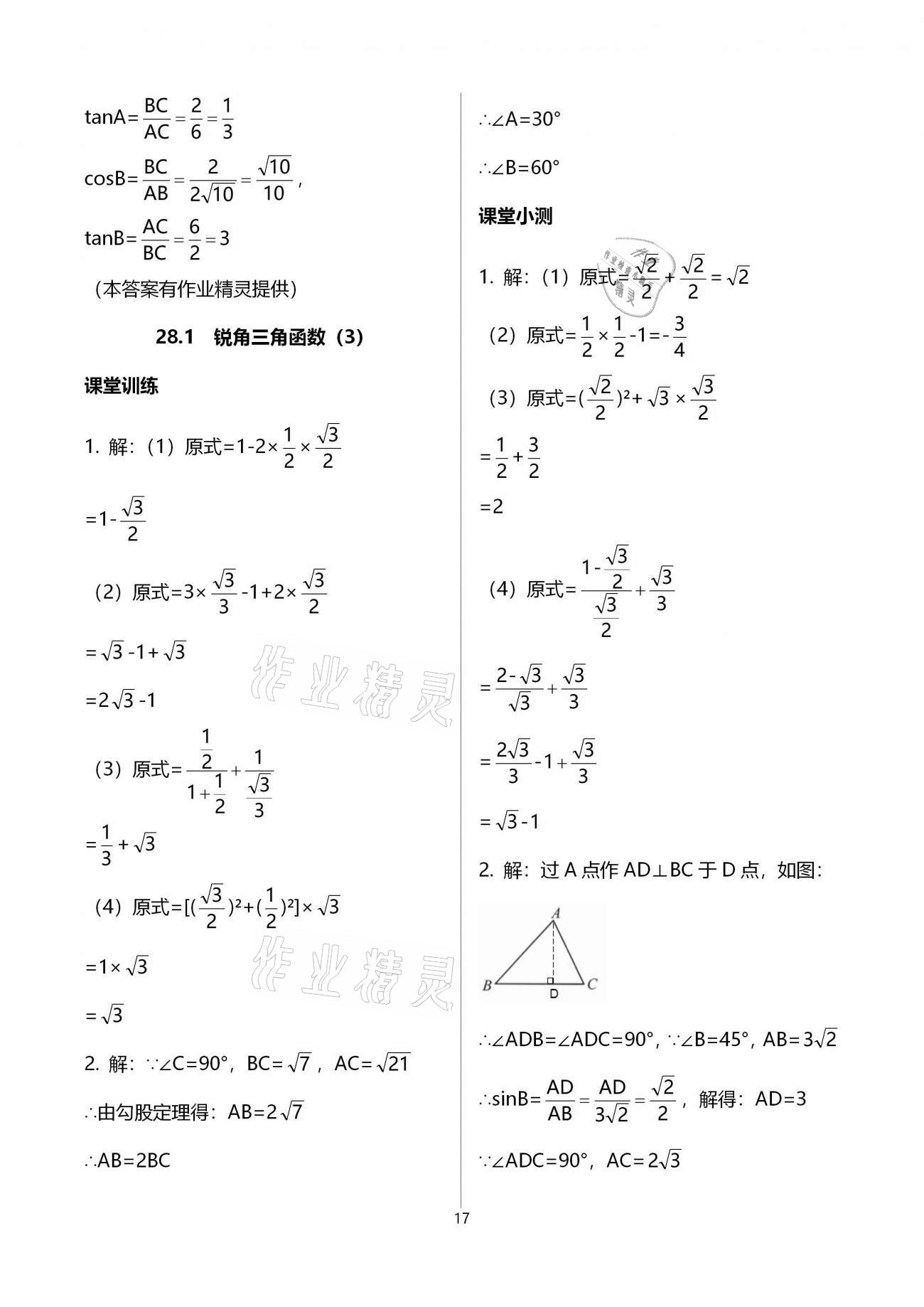 2021年初中數(shù)學(xué)活頁練習(xí)九年級(jí)下冊(cè)人教版 參考答案第17頁