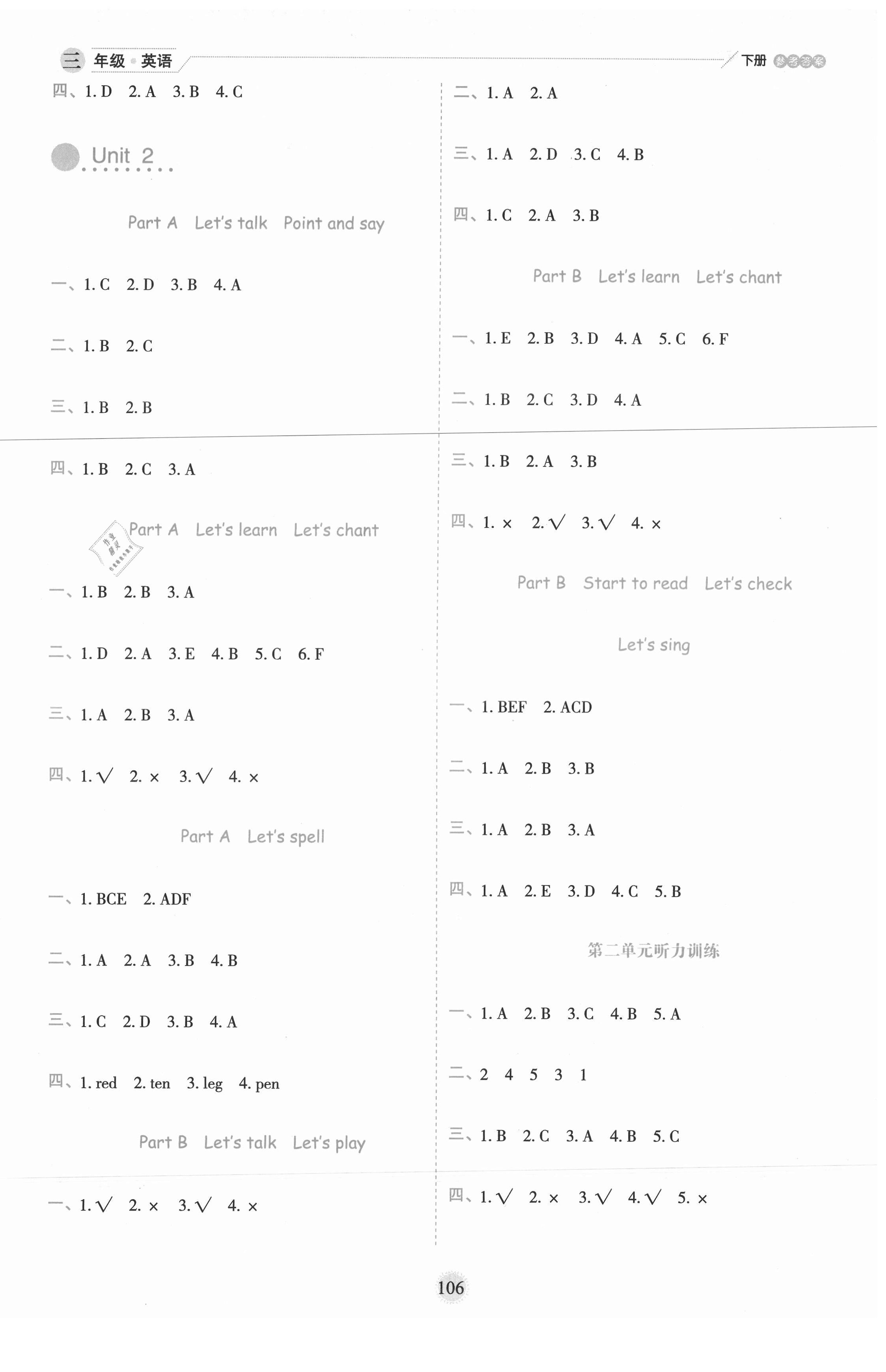 2021年百分學(xué)生作業(yè)本題練王三年級(jí)英語(yǔ)下冊(cè)人教PEP版 參考答案第2頁(yè)