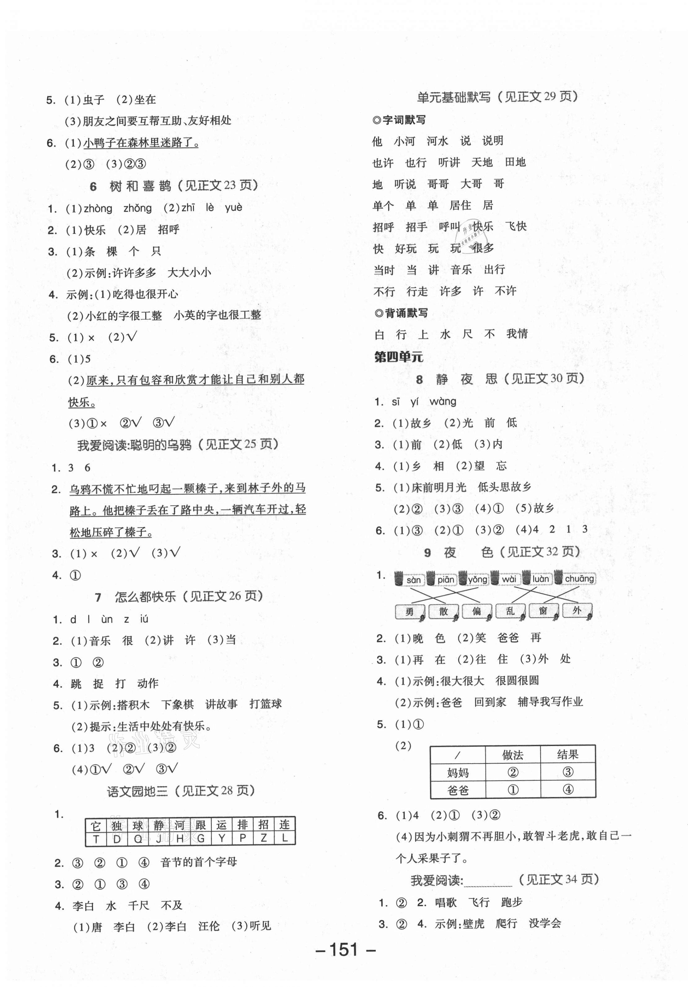 2021年全品学练考一年级语文下册人教版福建专版 参考答案第3页