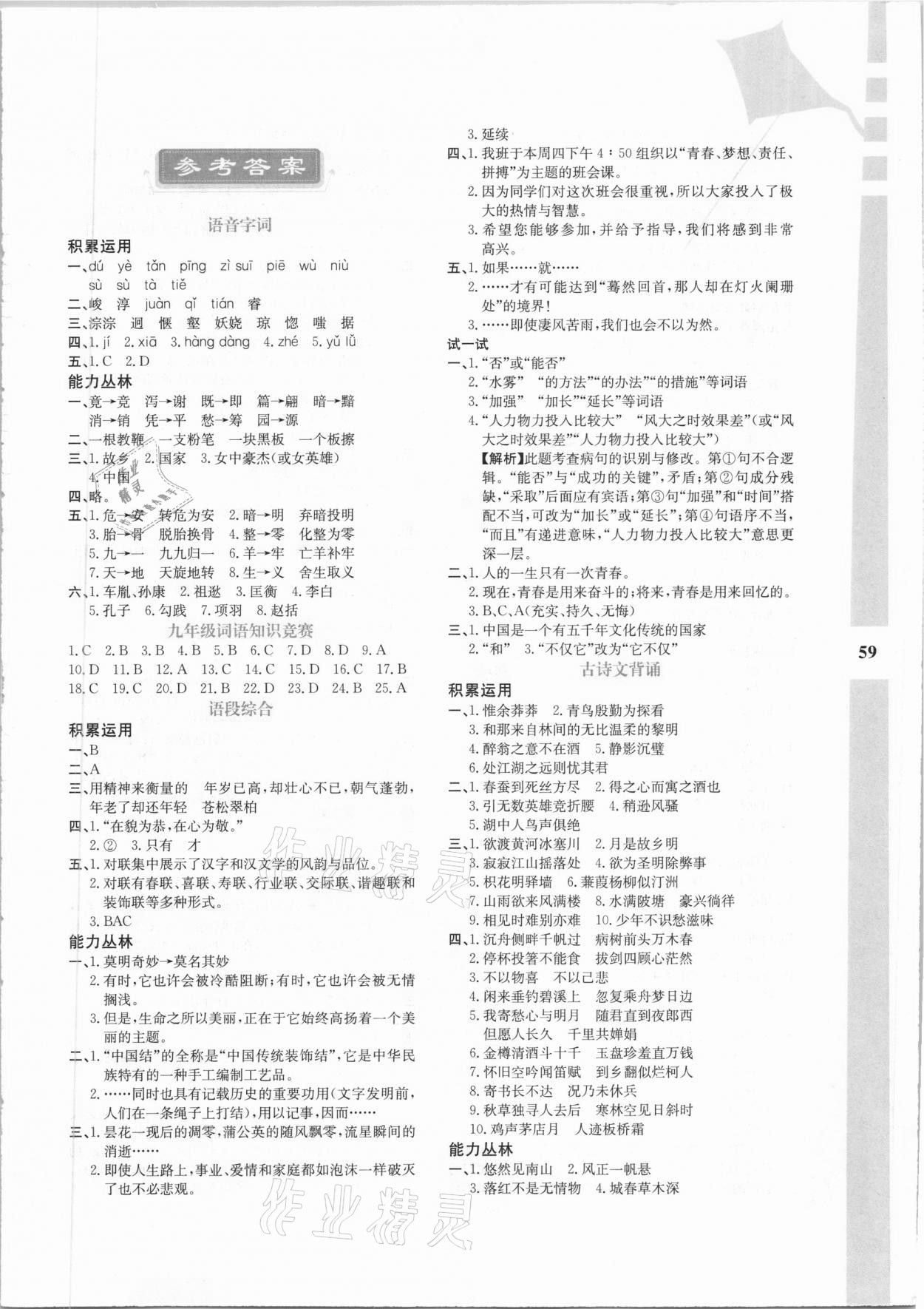 2021年寒假作業(yè)與生活九年級語文陜西人民教育出版社 第1頁