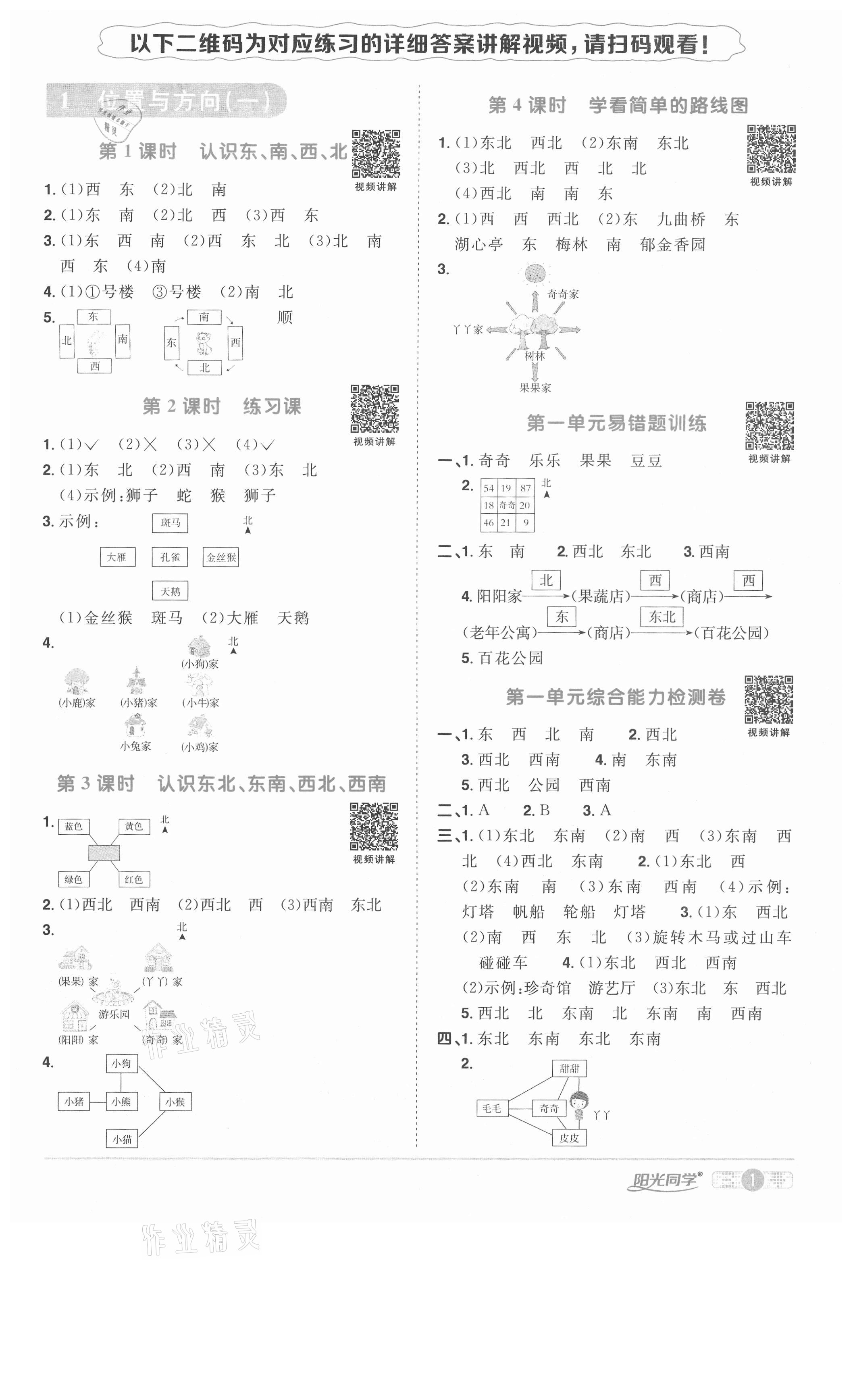 2021年阳光同学课时优化作业三年级数学下册人教版菏泽专版 参考答案第1页