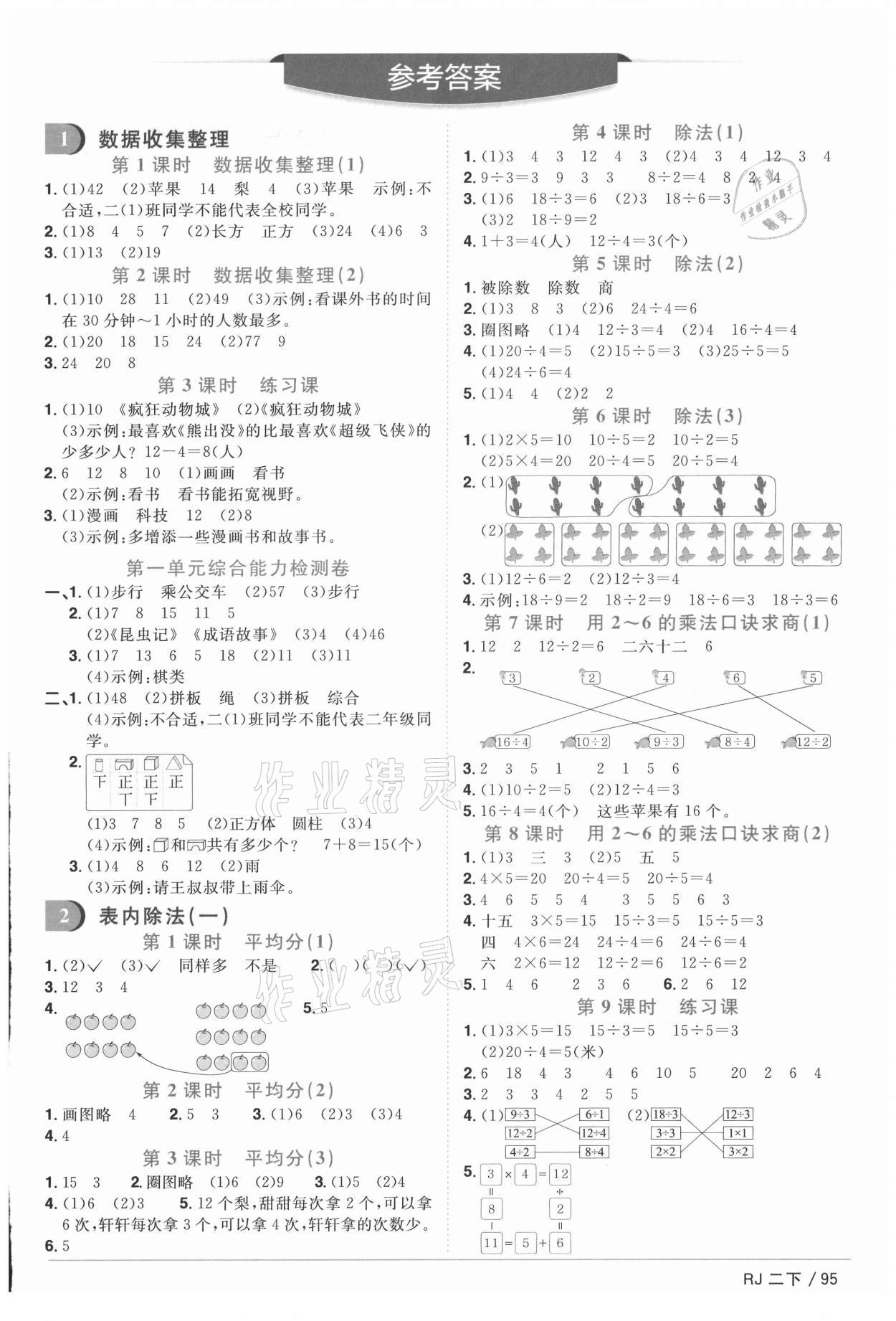 2021年陽光同學課時優(yōu)化作業(yè)二年級數(shù)學下冊人教版菏澤專版 參考答案第1頁