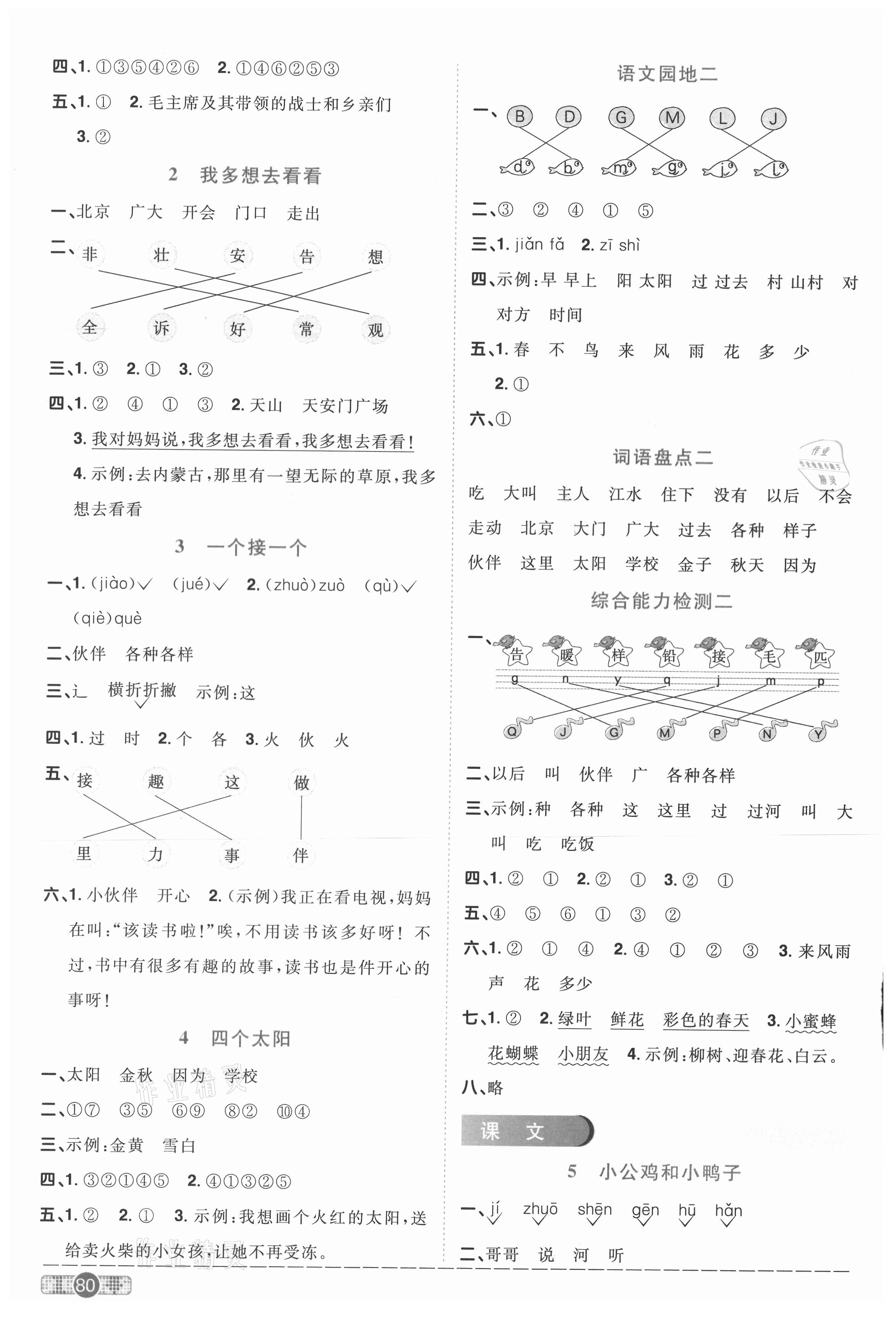 2021年陽光同學(xué)課時優(yōu)化作業(yè)一年級語文下冊人教版菏澤專版 參考答案第2頁